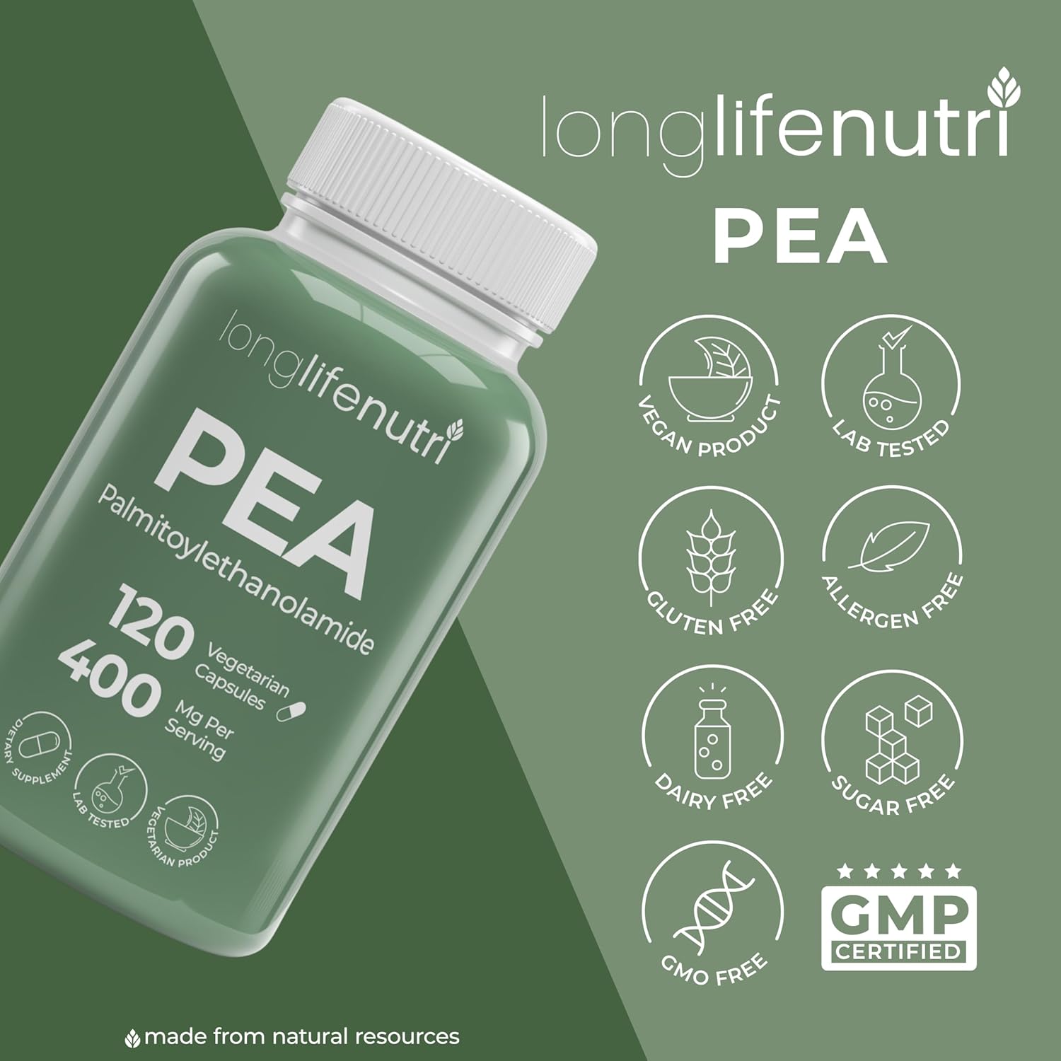 Organic Palmitoylethanolamide (Micronized Pea) 400mg - 120 Vegetarian Capsules, USA-Made Supplement for Discomfort, 4-Month Supply