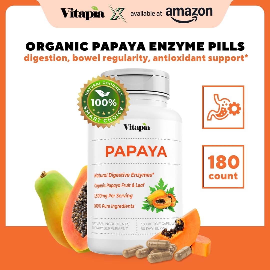 Organic Papaya Enzyme Capsules for Digestion & Immune Support - 1500mg Powder - 180 Veggie Capsules - Non-GMO & Gluten-Free