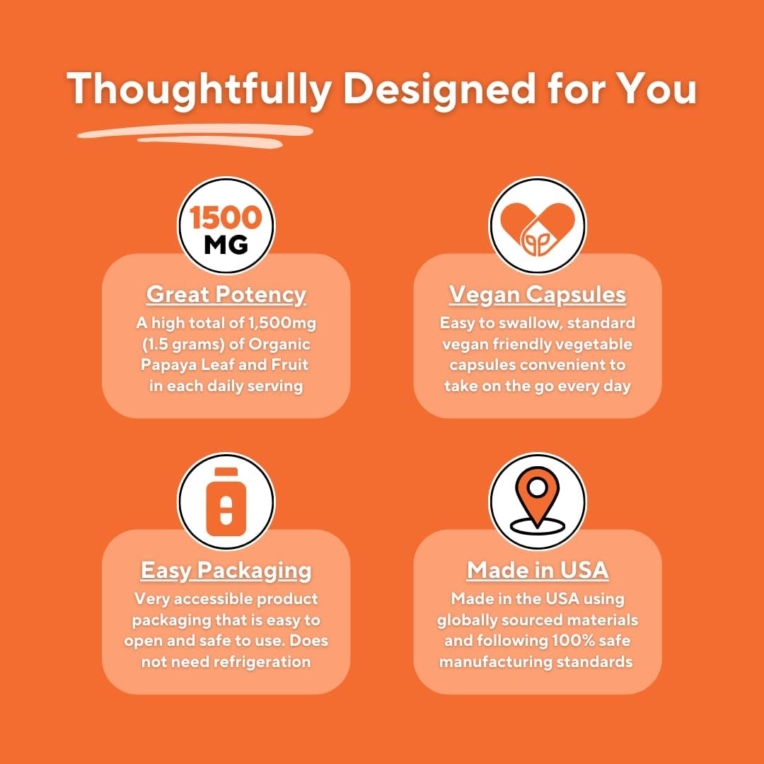 Organic Papaya Enzyme Capsules for Digestion & Immune Support - 1500mg Powder - 180 Veggie Capsules - Non-GMO & Gluten-Free