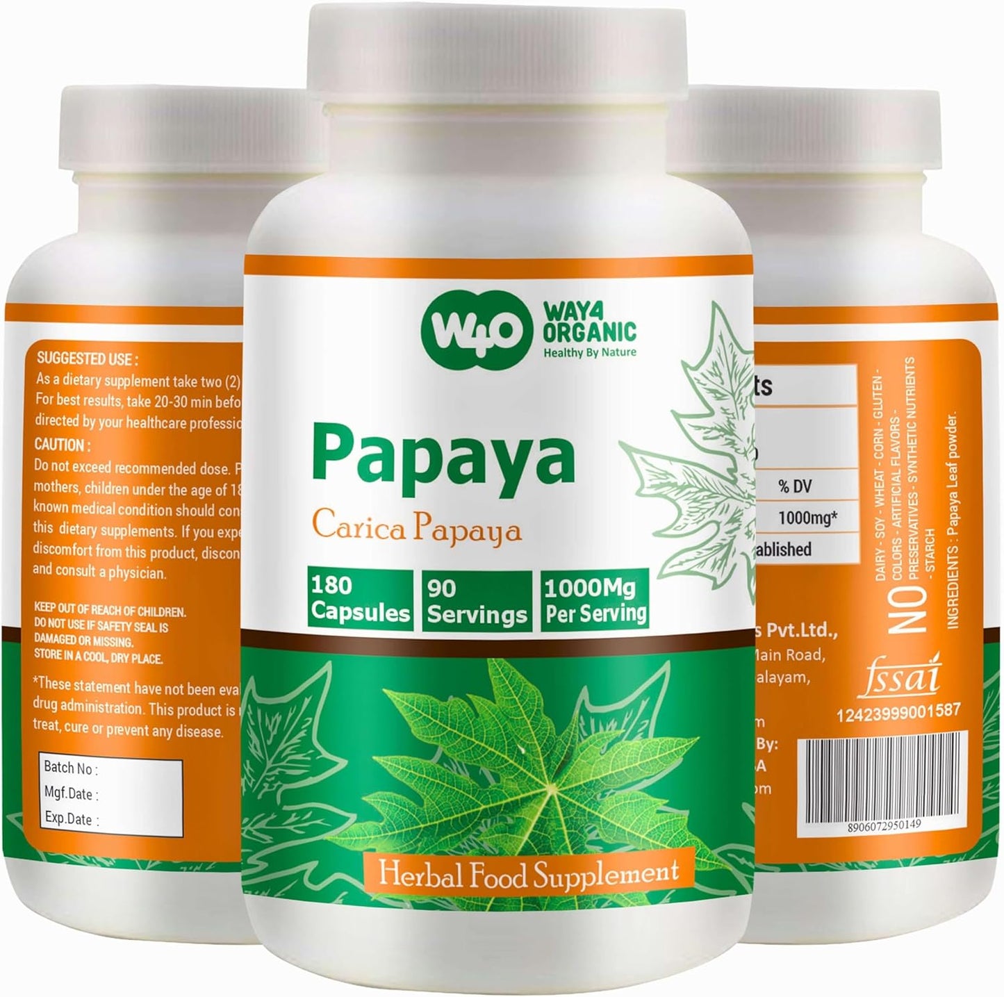 Organic Papaya Leaf Extract Capsules - 180 Pills, 1000mg, Supports Platelet Immunity & Digestion, 90 Servings