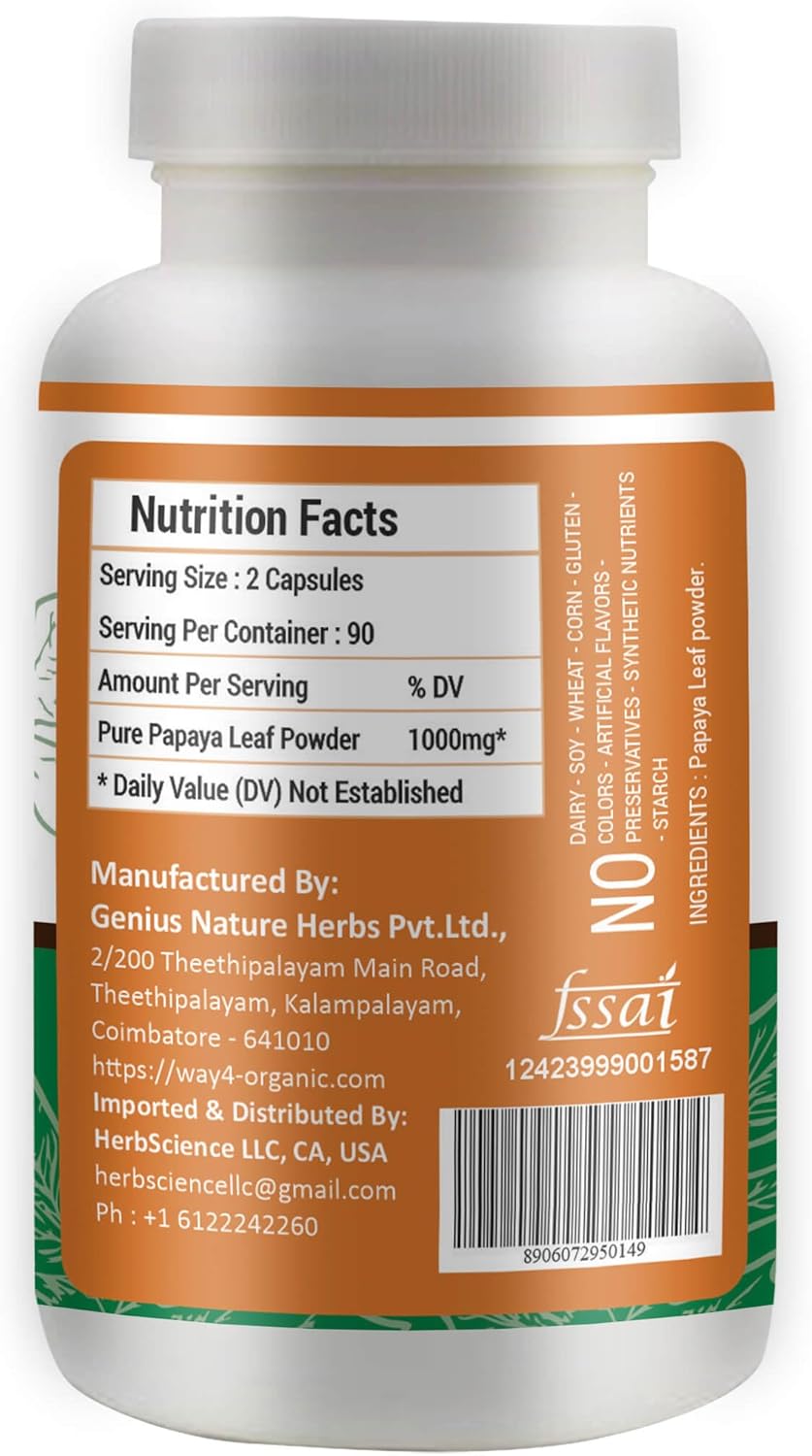 Organic Papaya Leaf Extract Capsules - 180 Pills, 1000mg, Supports Platelet Immunity & Digestion, 90 Servings