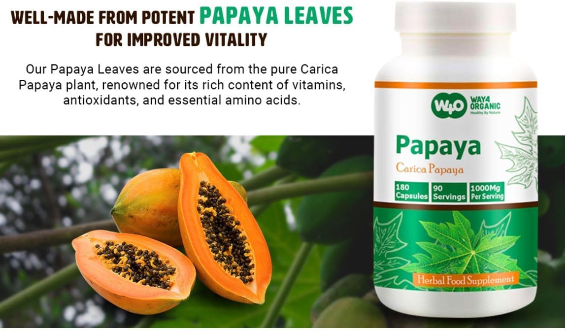 Organic Papaya Leaf Extract Capsules - 180 Pills, 1000mg, Supports Platelet Immunity & Digestion, 90 Servings