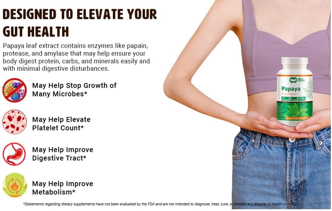 Organic Papaya Leaf Extract Capsules - 180 Pills, 1000mg, Supports Platelet Immunity & Digestion, 90 Servings