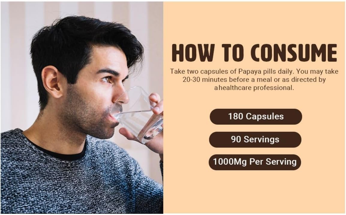 Organic Papaya Leaf Extract Capsules - 180 Pills, 1000mg, Supports Platelet Immunity & Digestion, 90 Servings