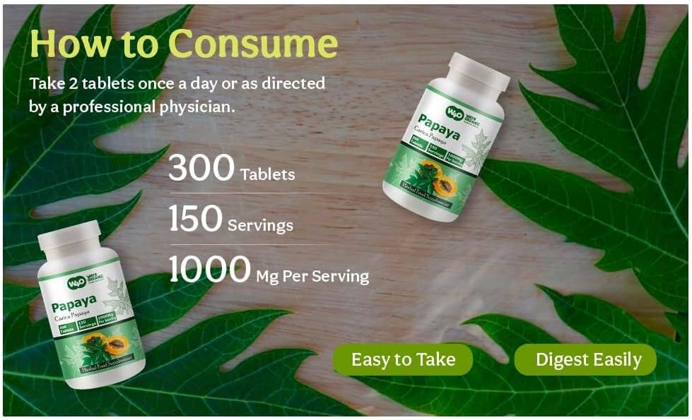Organic Papaya Leaf Extract Capsules - 300 Pills, 1000mg, Supports Platelet Immunity & Digestion - 150 Servings