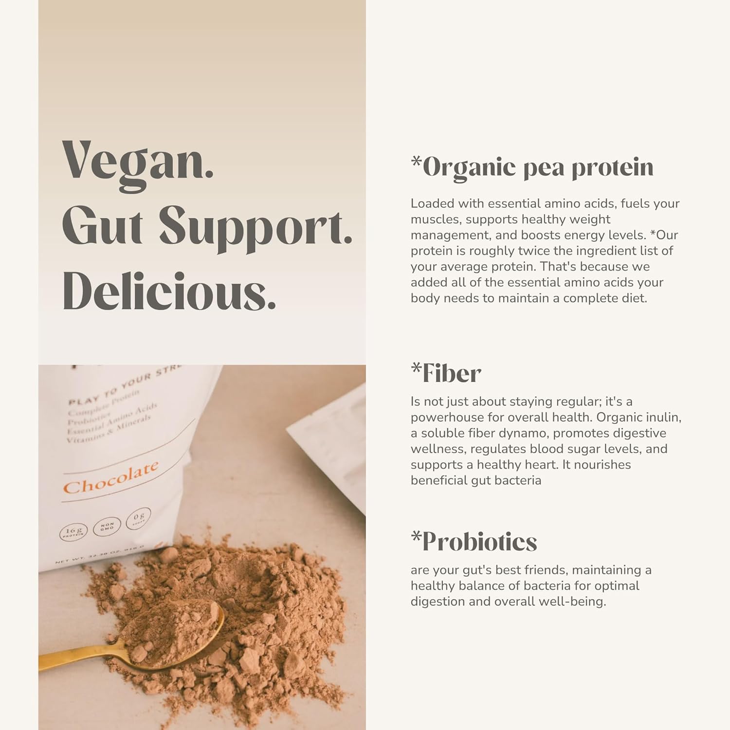 Organic Pea Protein Powder with Probiotics, Prebiotics, & Vitamins - Chocolate Flavor, 30 Servings