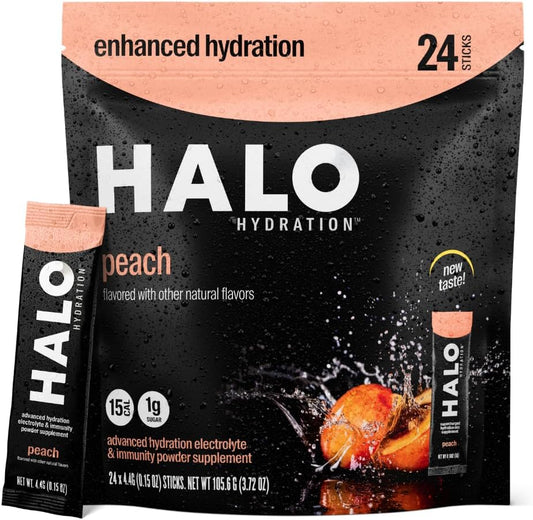 Organic Peach Electrolyte Powder Packets - 24 Servings, Low Sugar, Vegan - HALO Sport Halo Hydration Drink with Essential Vitamins & Minerals