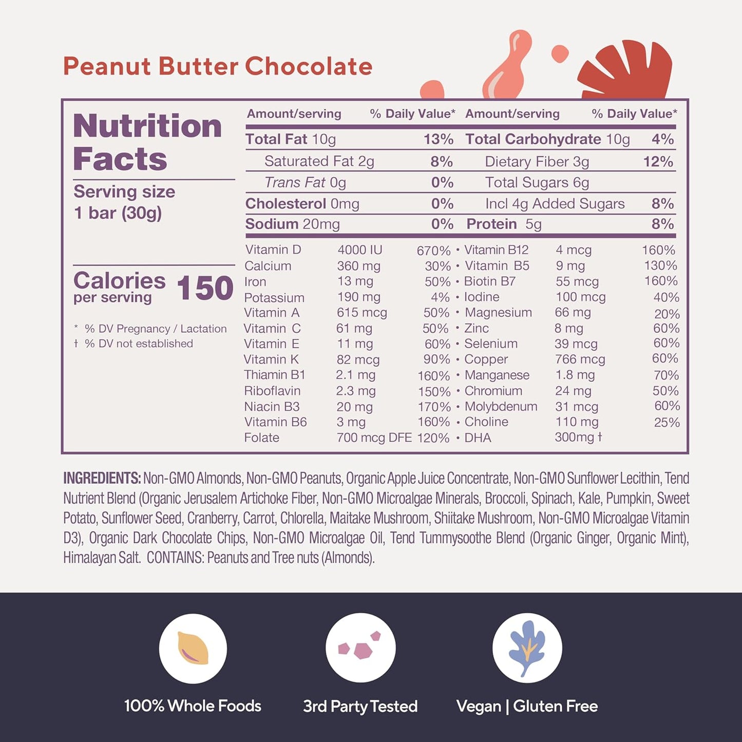 Organic Peanut Butter Chocolate Prenatal Vitamin Bar with DHA, Folate, Vitamin D for Pregnant & Postpartum Mothers (4ct)