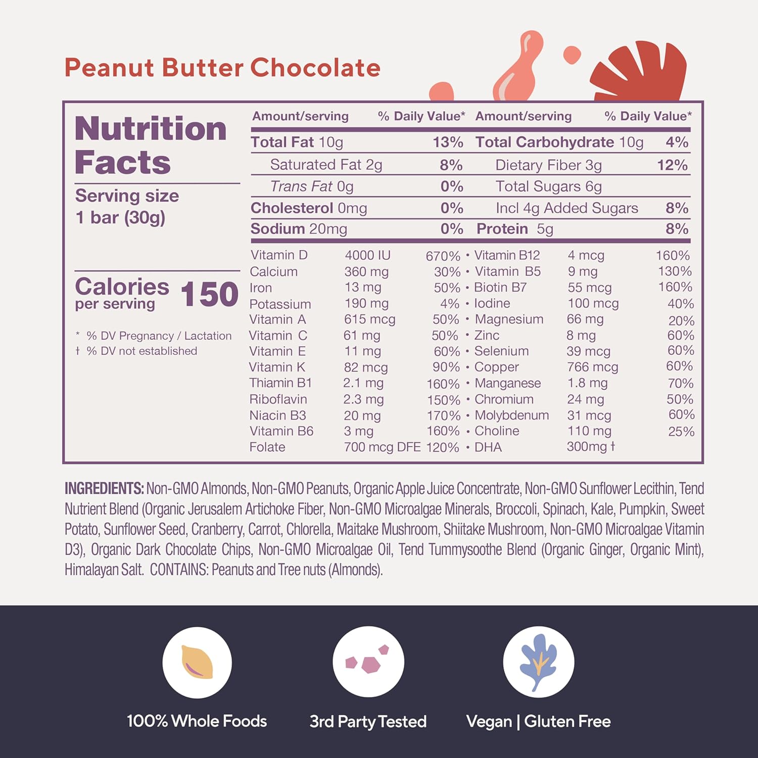 Organic Peanut Butter Chocolate Prenatal Vitamin Bar with DHA, Folate, Vitamin D for Pregnant & Postpartum Mothers (4ct)