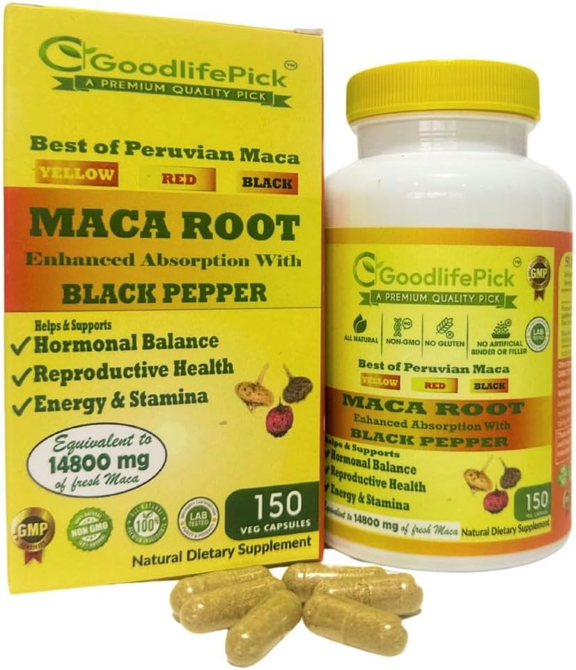 Organic Peruvian Maca Root Capsules 150 ct. Yellow, Red & Black Maca Blend with Black Pepper. Non-GMO Vegan Formula, No Fillers.