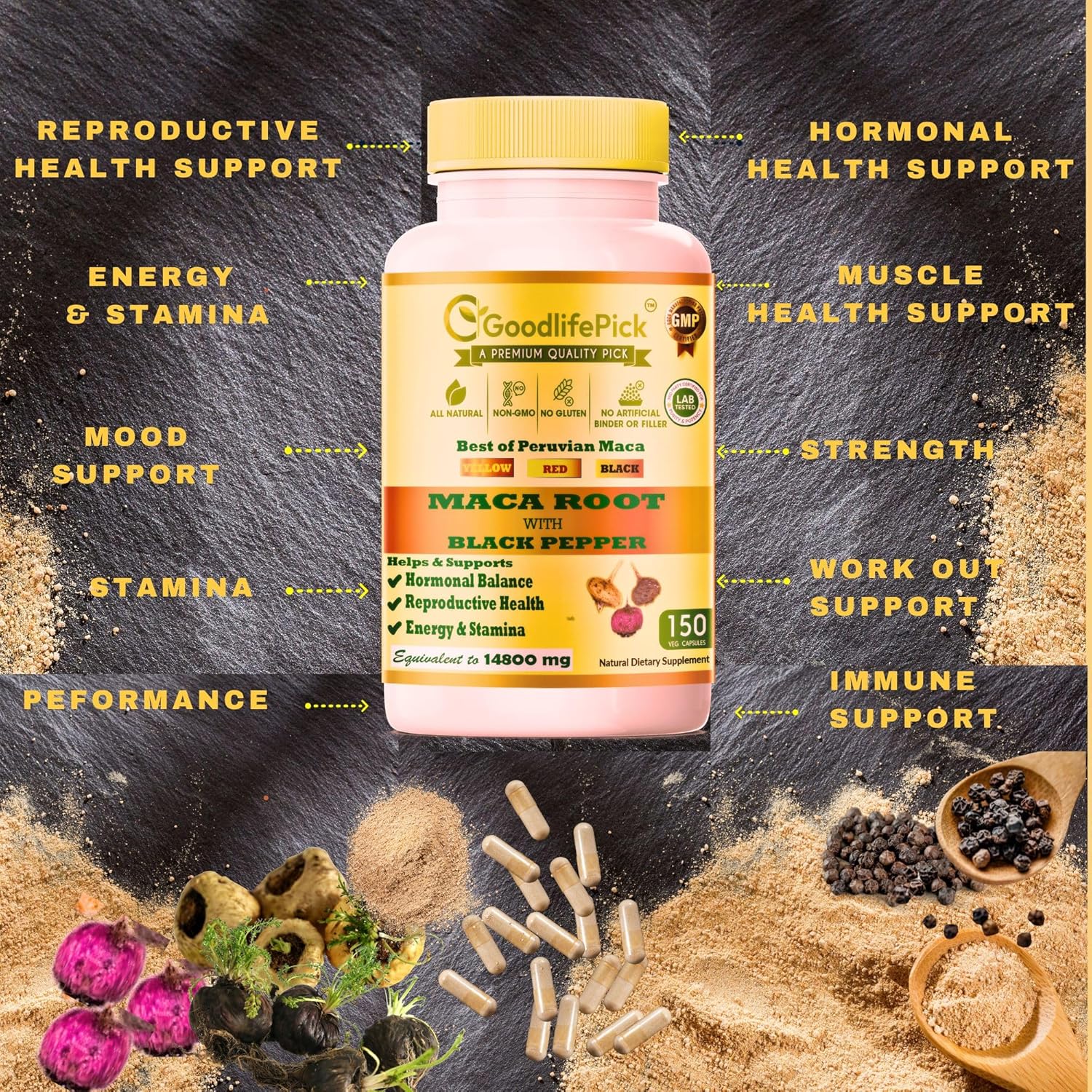 Organic Peruvian Maca Root Capsules 150 ct. Yellow, Red & Black Maca Blend with Black Pepper. Non-GMO Vegan Formula, No Fillers.