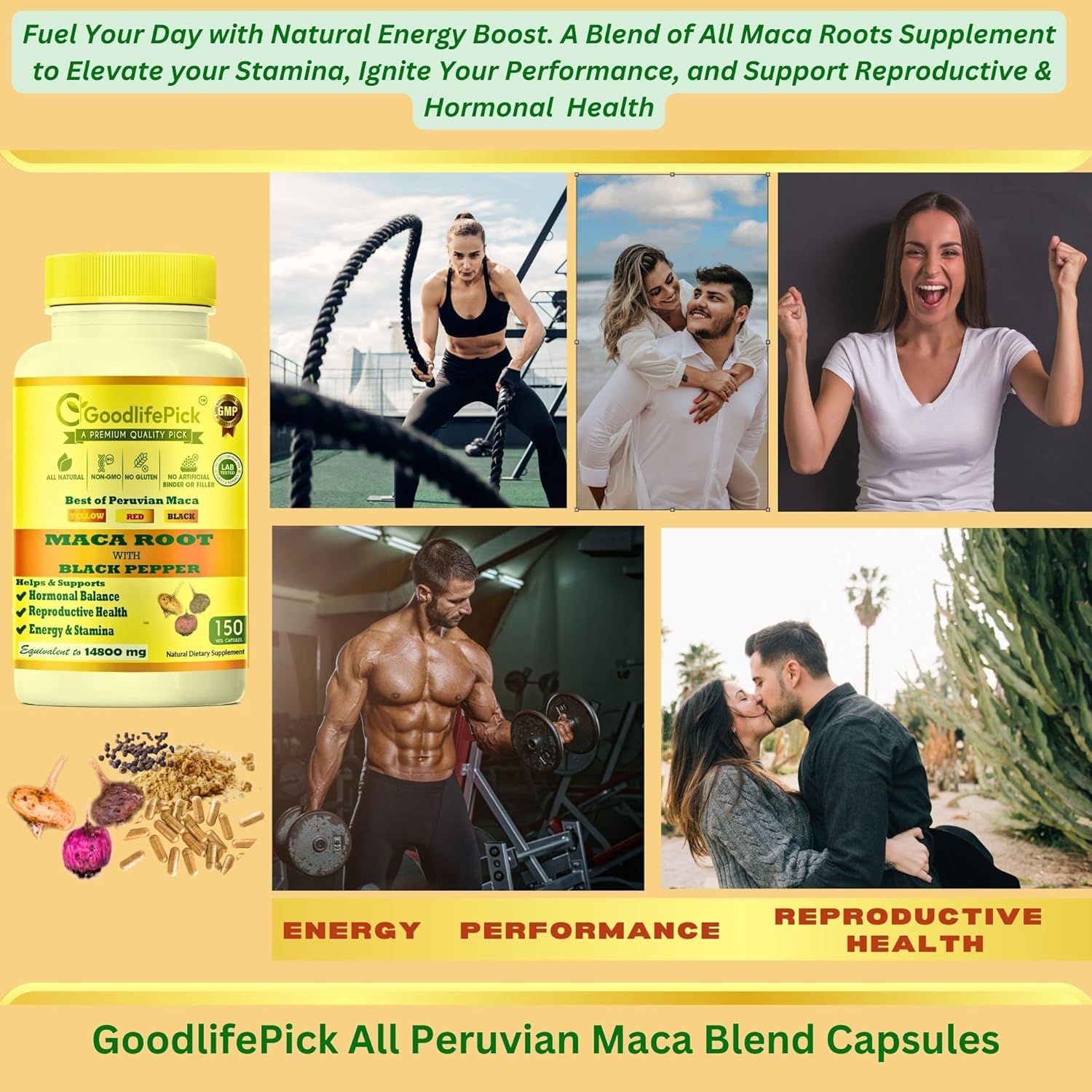 Organic Peruvian Maca Root Capsules 150 ct. Yellow, Red & Black Maca Blend with Black Pepper. Non-GMO Vegan Formula, No Fillers.