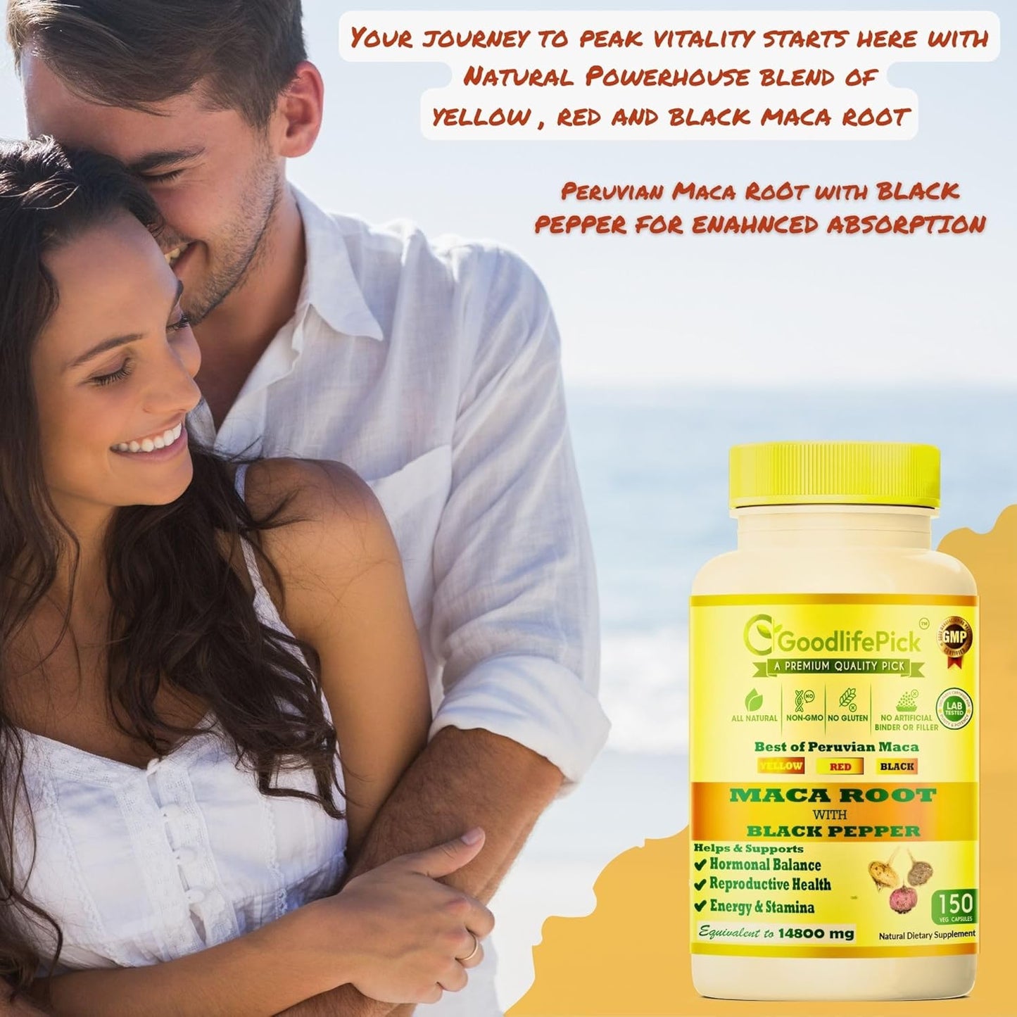 Organic Peruvian Maca Root Capsules 150 ct. Yellow, Red & Black Maca Blend with Black Pepper. Non-GMO Vegan Formula, No Fillers.