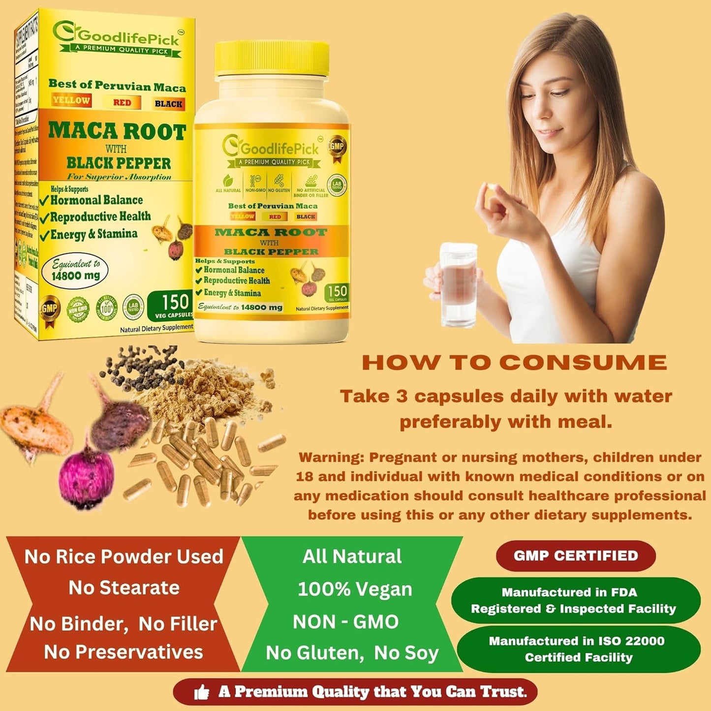 Organic Peruvian Maca Root Capsules 150 ct. Yellow, Red & Black Maca Blend with Black Pepper. Non-GMO Vegan Formula, No Fillers.