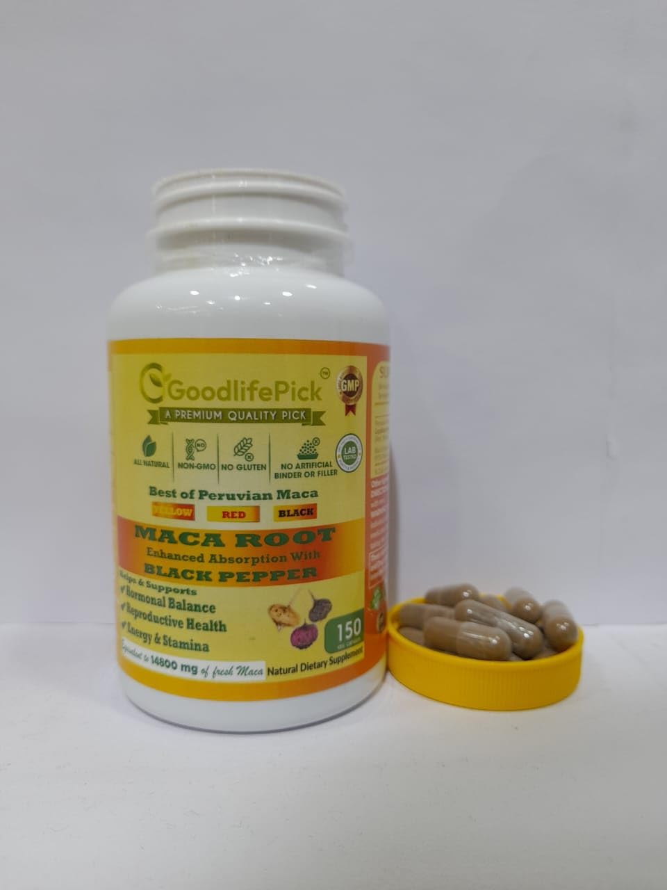 Organic Peruvian Maca Root Capsules 150 ct. Yellow, Red & Black Maca Blend with Black Pepper. Non-GMO Vegan Formula, No Fillers.