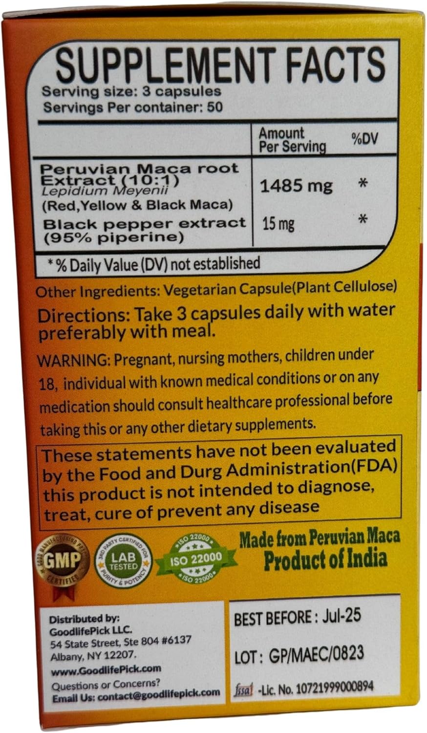 Organic Peruvian Maca Root Capsules 150 ct. Yellow, Red & Black Maca Blend with Black Pepper. Non-GMO Vegan Formula, No Fillers.