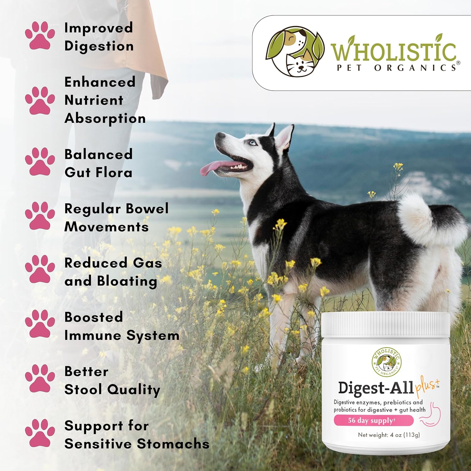 Organic Pet Digestive Enzymes Powder with Probiotics for Dogs & Cats - 4 Oz - Homemade Food Supplement