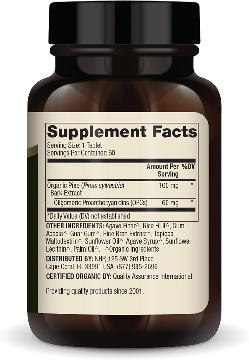 Organic Pine Bark Extract with OPCs, 30 Servings (60 Tablets) - Antioxidant Dietary Supplement, Non-GMO, USDA Certified Organic