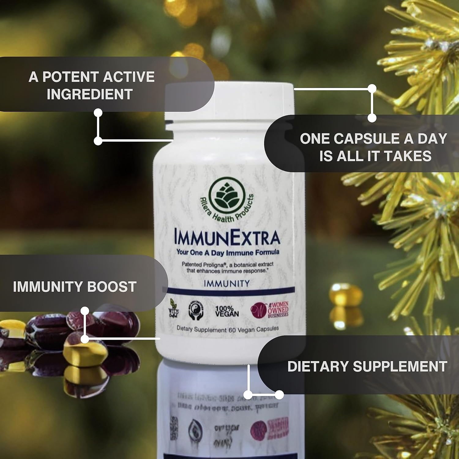 Organic Pine Cone Extract Capsules for Immune Support - Vegan Plant Based Diet Supplement - Allera Health IMMUNEXTRA ProLigna - 60 Caps, 1-Pack