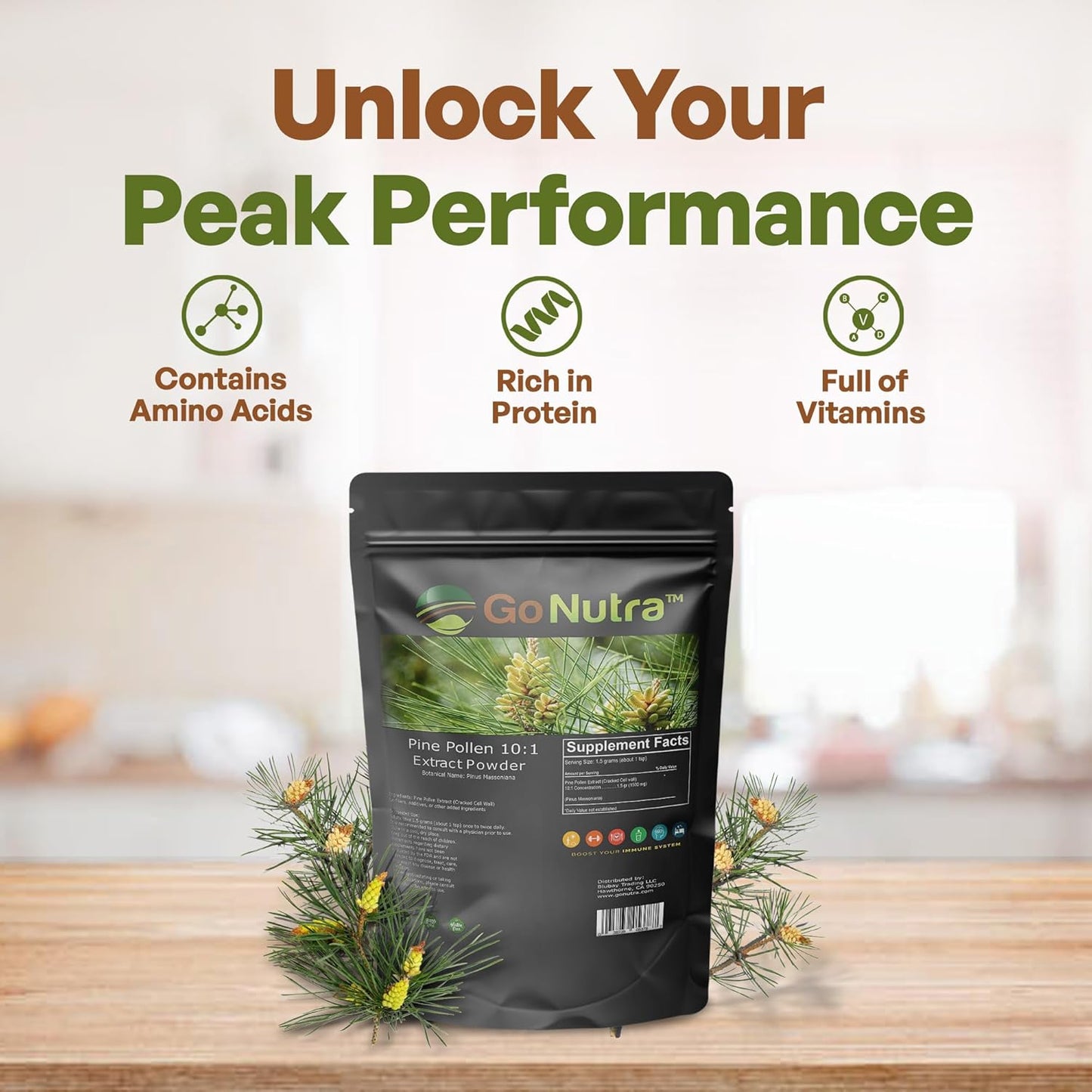 Organic Pine Pollen Powder - Pure 10:1 Masson Pine Tree Pollen for Tea, Coffee, Smoothies - Non-GMO, Vegan - 1 lb