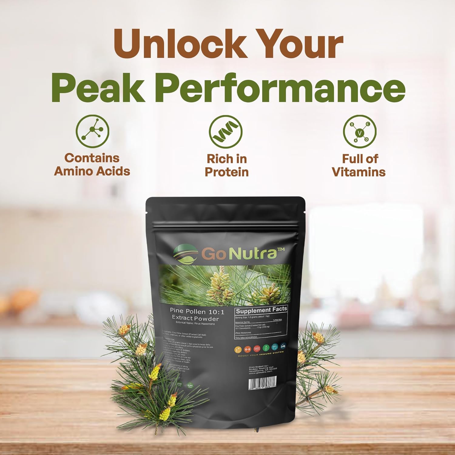 Organic Pine Pollen Powder - Pure 10:1 Masson Pine Tree Pollen for Tea, Coffee, Smoothies - Non-GMO, Vegan - 1 lb