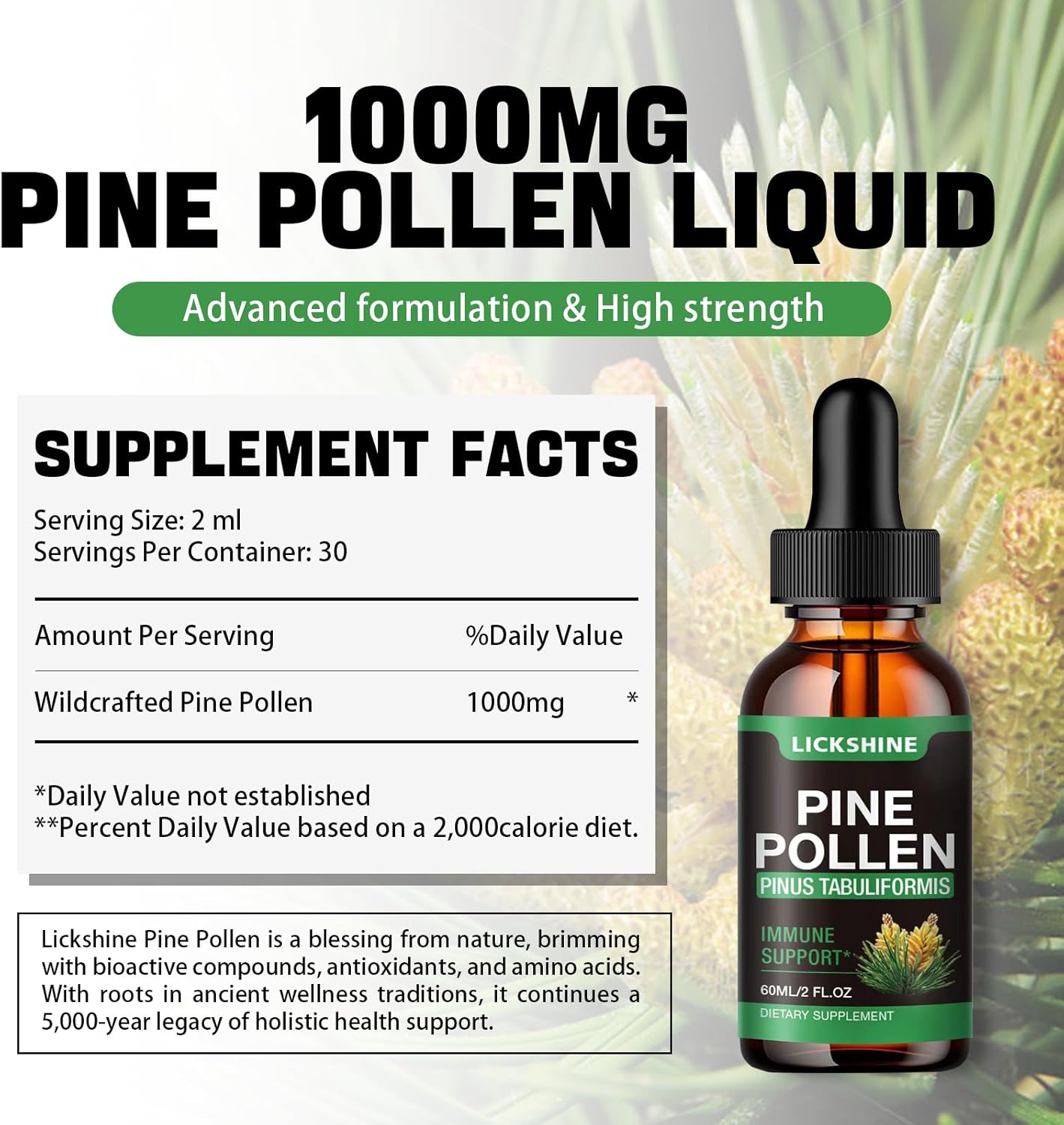 Organic Pine Pollen Tincture Drops for Immune Support - Vegan Herbal Supplement - Sugar-Free Liquid Extract - 2 Fl.Oz.