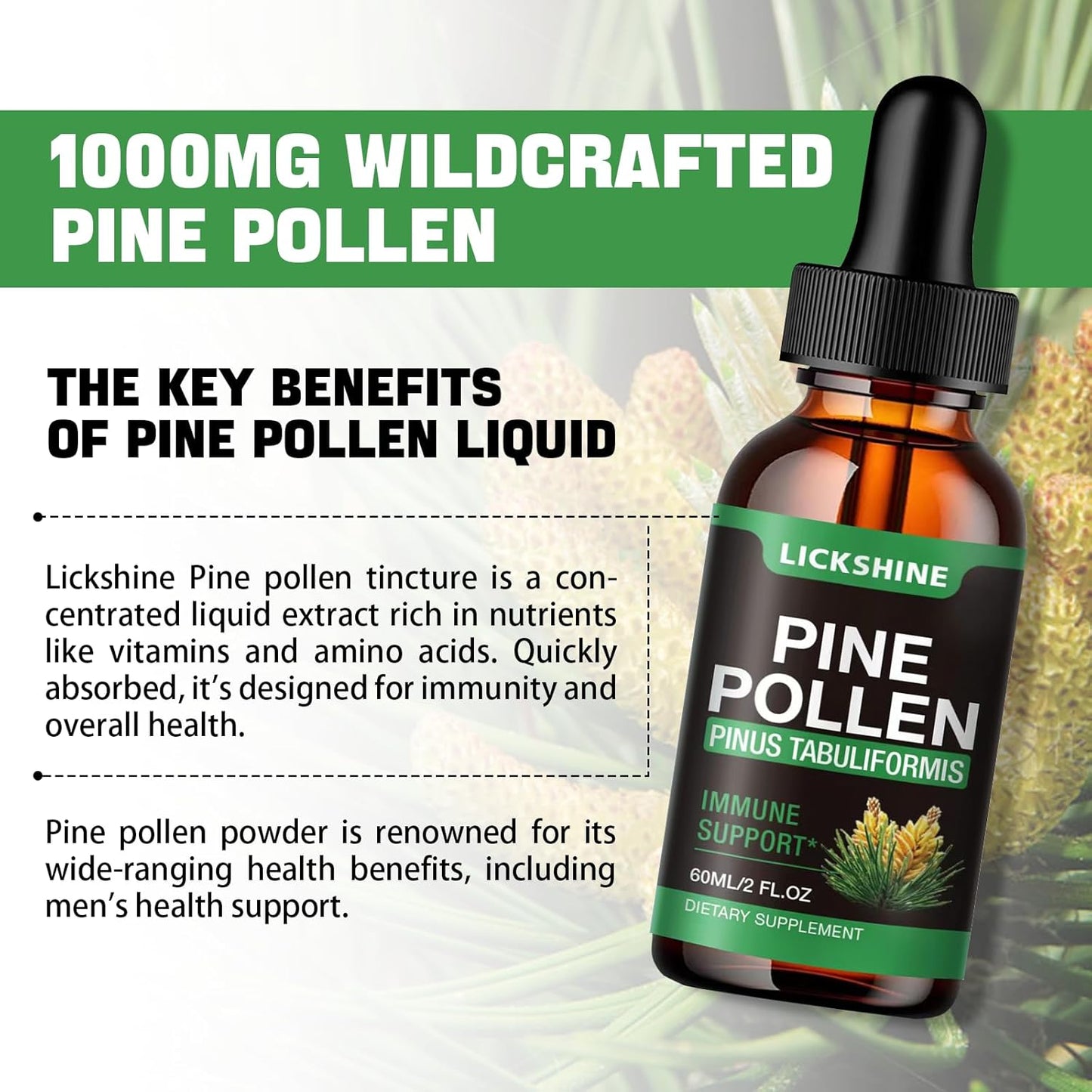 Organic Pine Pollen Tincture Drops for Immune Support - Vegan Herbal Supplement - Sugar-Free Liquid Extract - 2 Fl.Oz.
