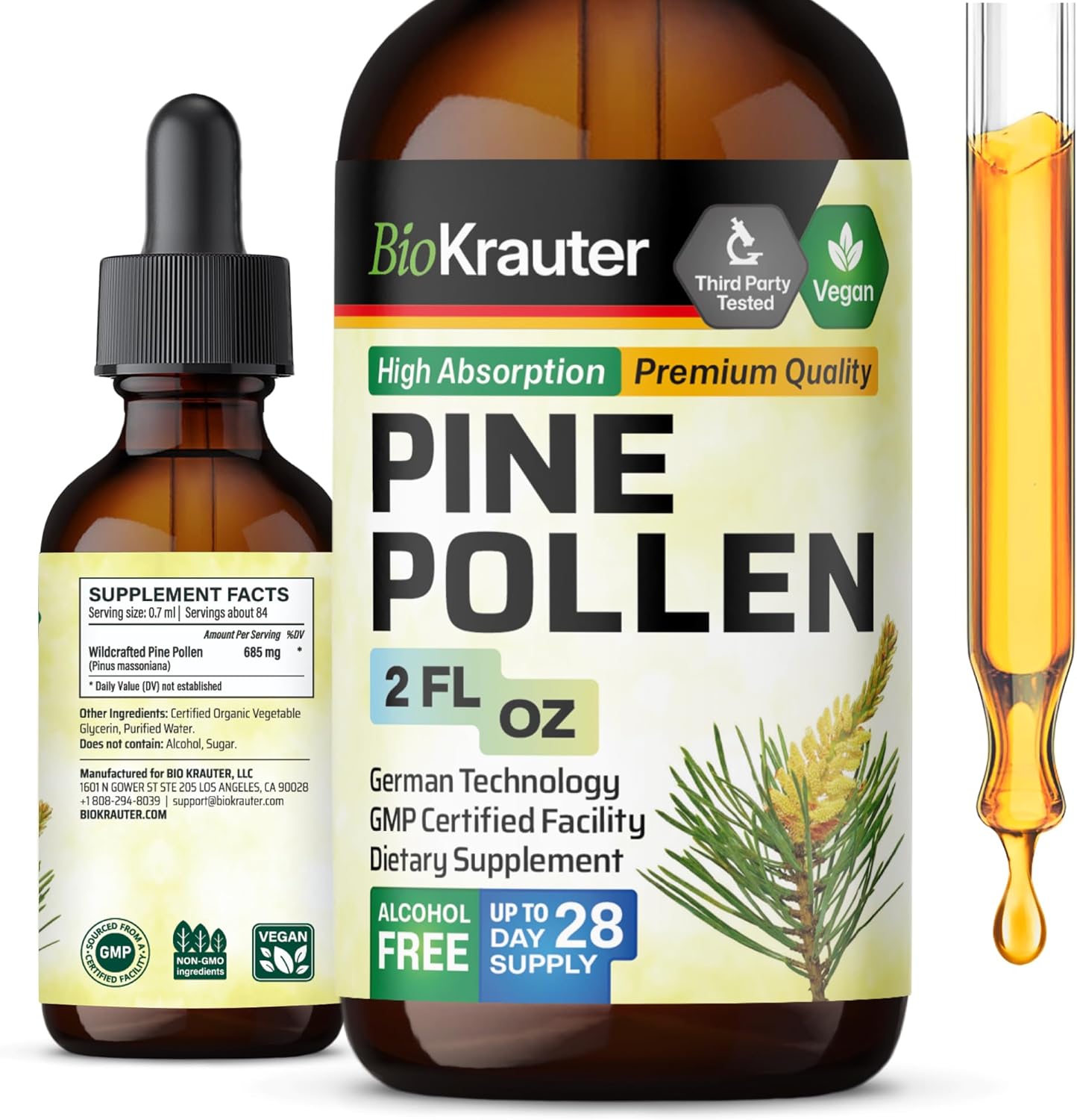 Organic Pine Pollen Tincture for Immune Support - Herbal Liquid Extract, Alcohol & Sugar Free - 2 Fl.Oz. Bottle