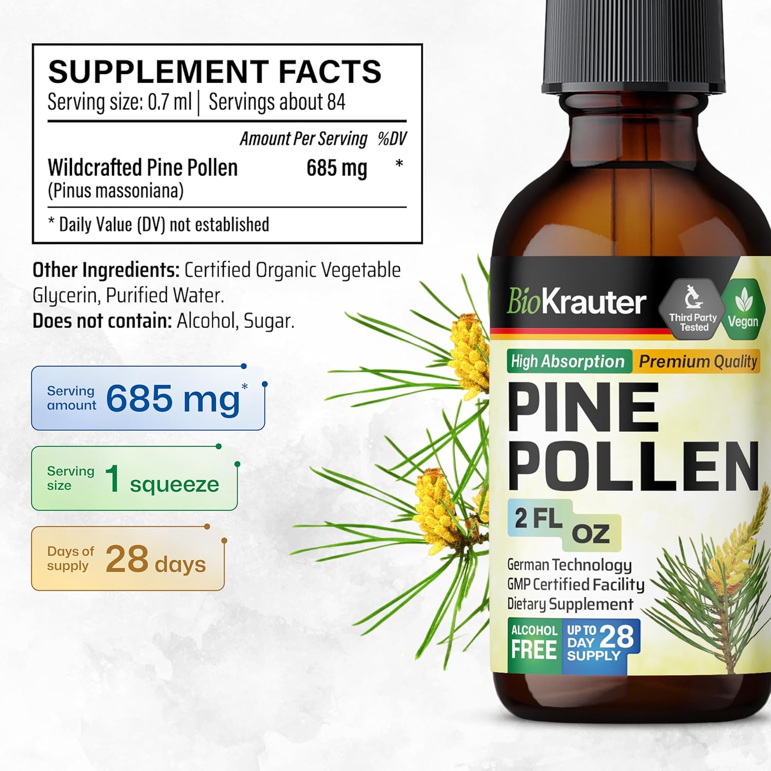Organic Pine Pollen Tincture for Immune Support - Herbal Liquid Extract, Alcohol & Sugar Free - 2 Fl.Oz. Bottle