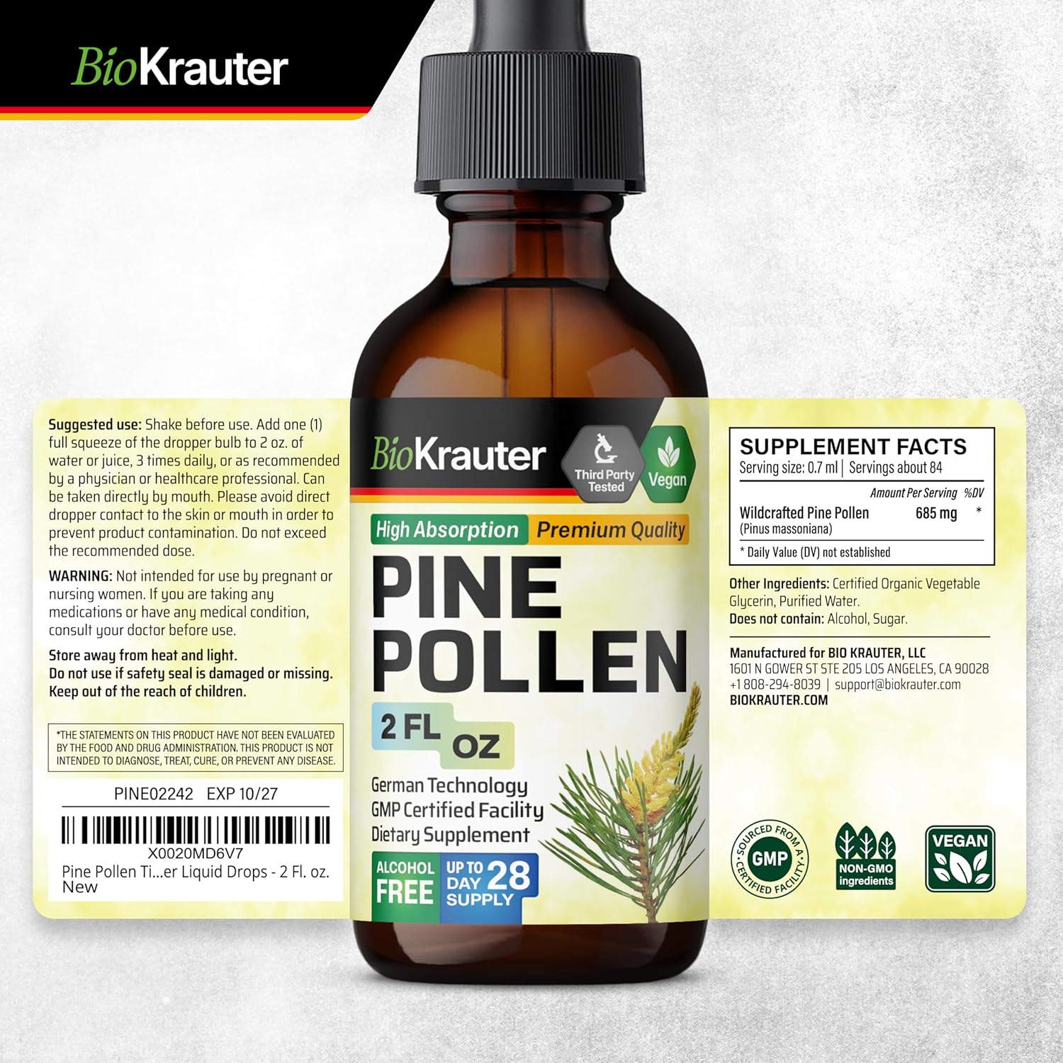 Organic Pine Pollen Tincture for Immune Support - Herbal Liquid Extract, Alcohol & Sugar Free - 2 Fl.Oz. Bottle