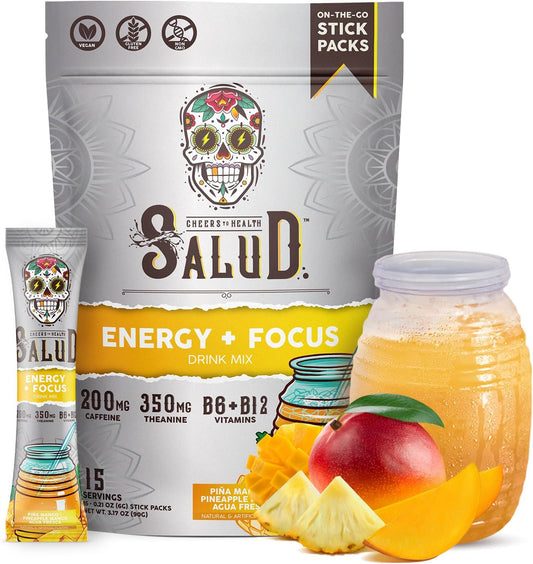 Organic Pineapple Mango Energy Drink Powder with Focus, B6, B12, Theanine - Clean Energy Packets, Agua Fresca Mix - Non-GMO, Vegan, Gluten-Free - 15 Servings