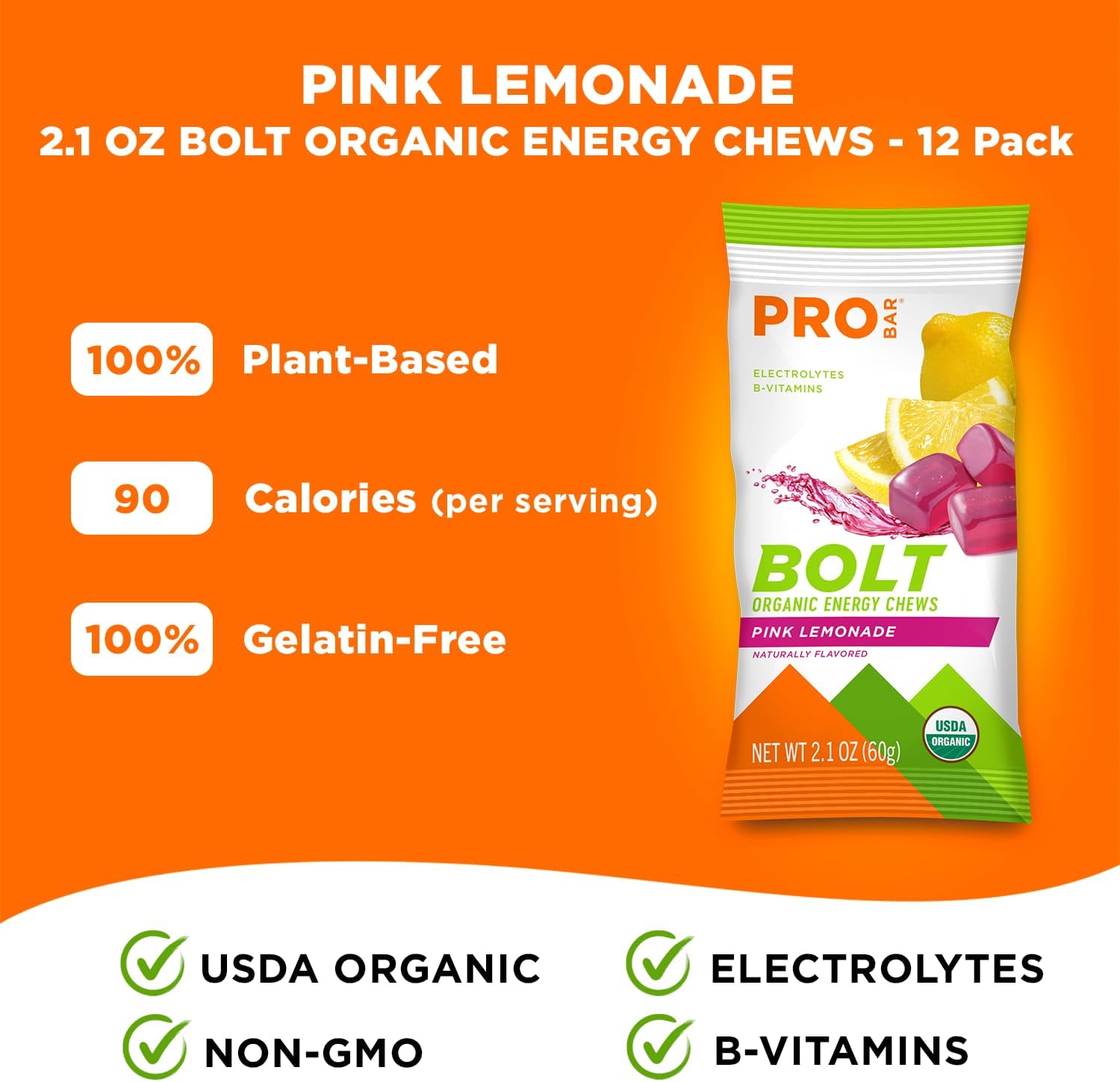 Organic Pink Lemonade Energy Chews - Non-GMO, Gluten-Free, USDA Certified (12 Count)