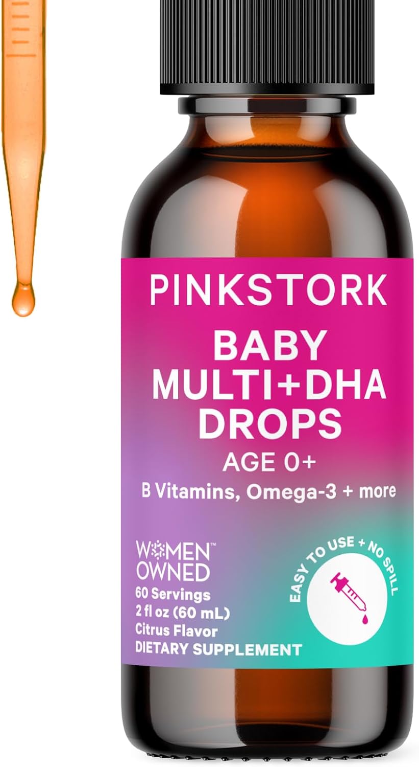 Organic Pink Stork Baby Liquid Multivitamin Drops with DHA, Vitamin C, D, B12 for Brain Health & Immune Support - 2 fl oz