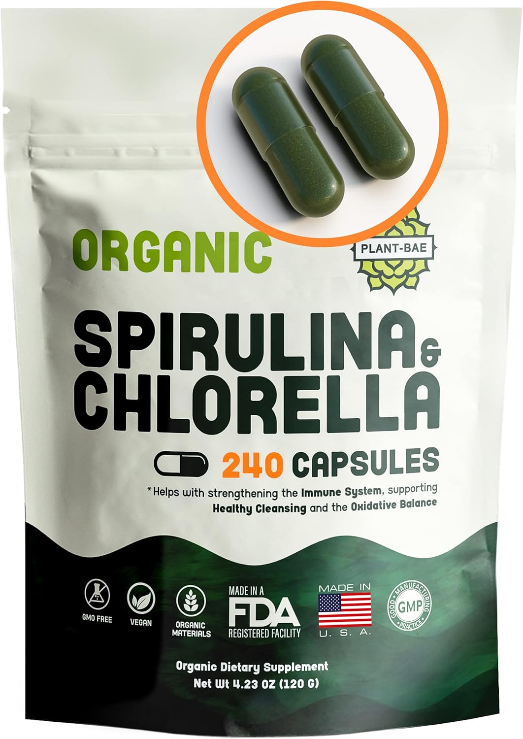 Organic Plant-Bae Spirulina & Chlorella Capsules for Detox - 240 Count - Made in USA - Boosts Energy Levels - Rich in Antioxidants