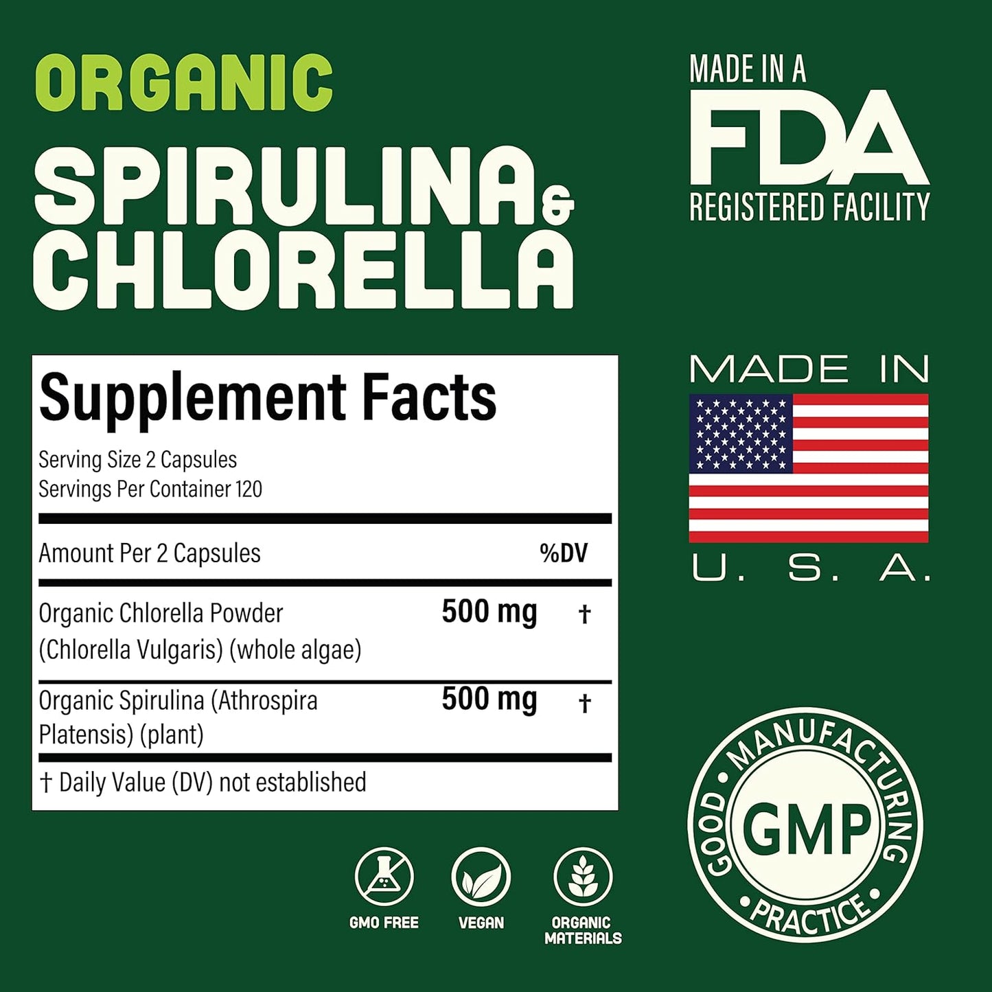 Organic Plant-Bae Spirulina & Chlorella Capsules for Detox - 240 Count - Made in USA - Boosts Energy Levels - Rich in Antioxidants