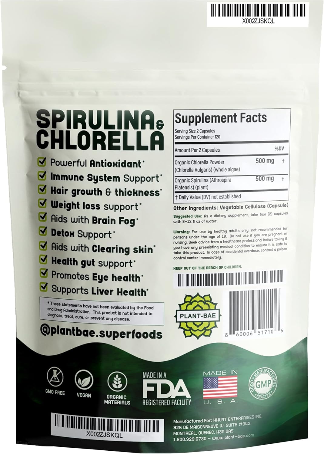 Organic Plant-Bae Spirulina & Chlorella Capsules for Detox - 240 Count - Made in USA - Boosts Energy Levels - Rich in Antioxidants
