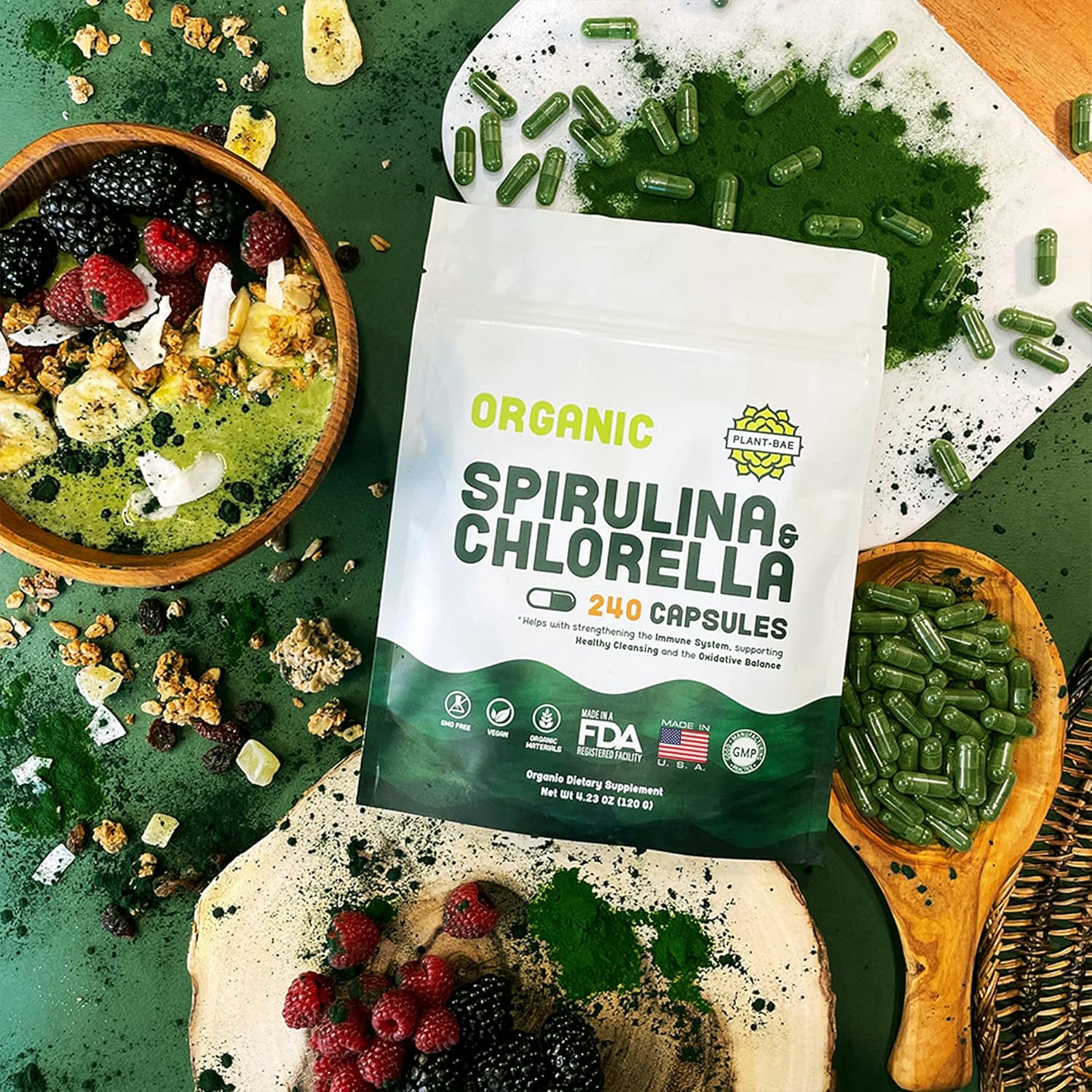 Organic Plant-Bae Spirulina & Chlorella Capsules for Detox - 240 Count - Made in USA - Boosts Energy Levels - Rich in Antioxidants