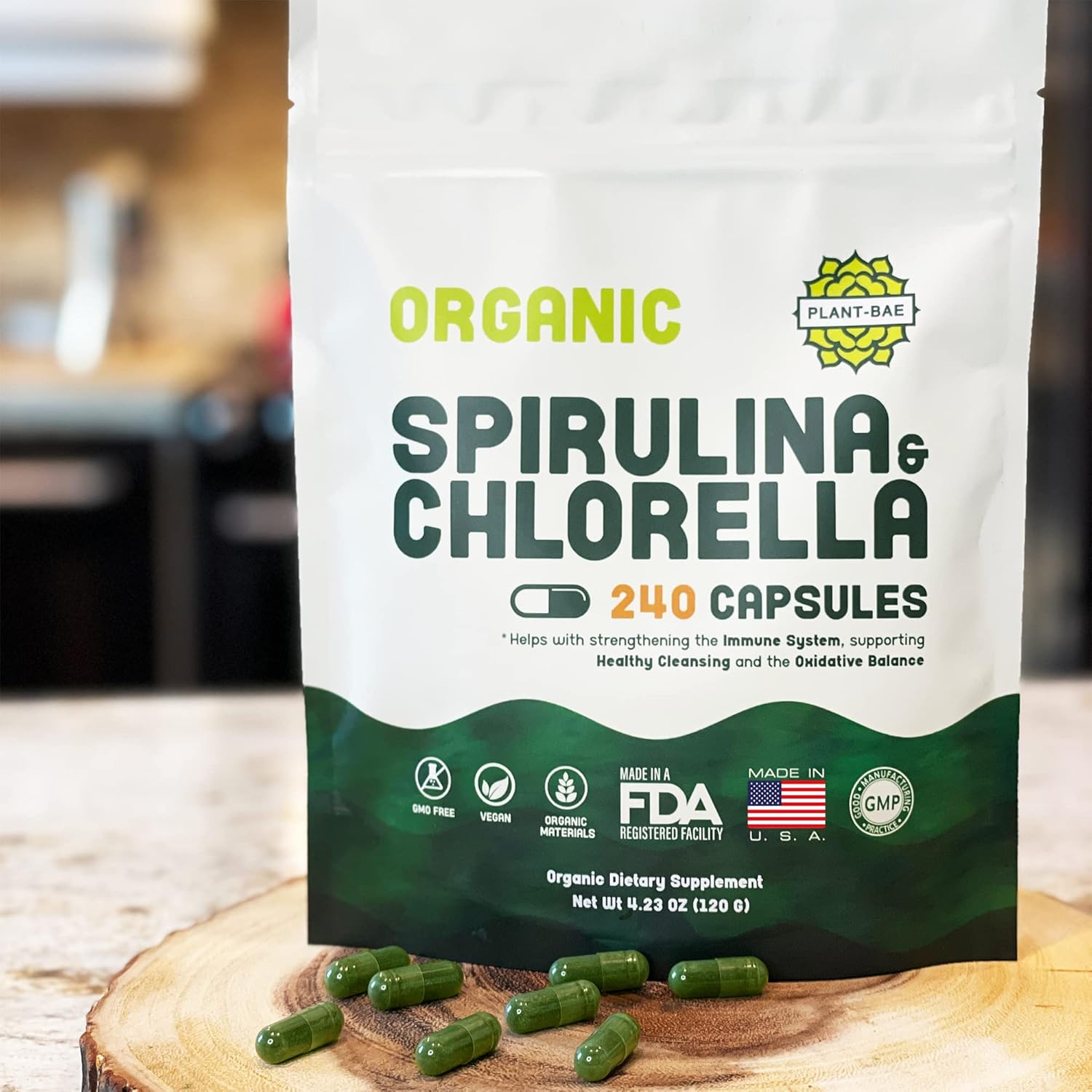 Organic Plant-Bae Spirulina & Chlorella Capsules for Detox - 240 Count - Made in USA - Boosts Energy Levels - Rich in Antioxidants
