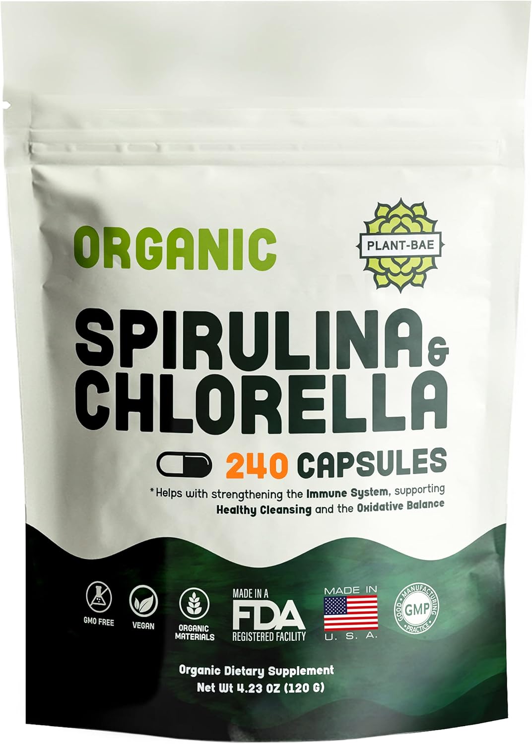 Organic Plant-Bae Spirulina & Chlorella Capsules for Detox - 240 Count - Made in USA - Boosts Energy Levels - Rich in Antioxidants