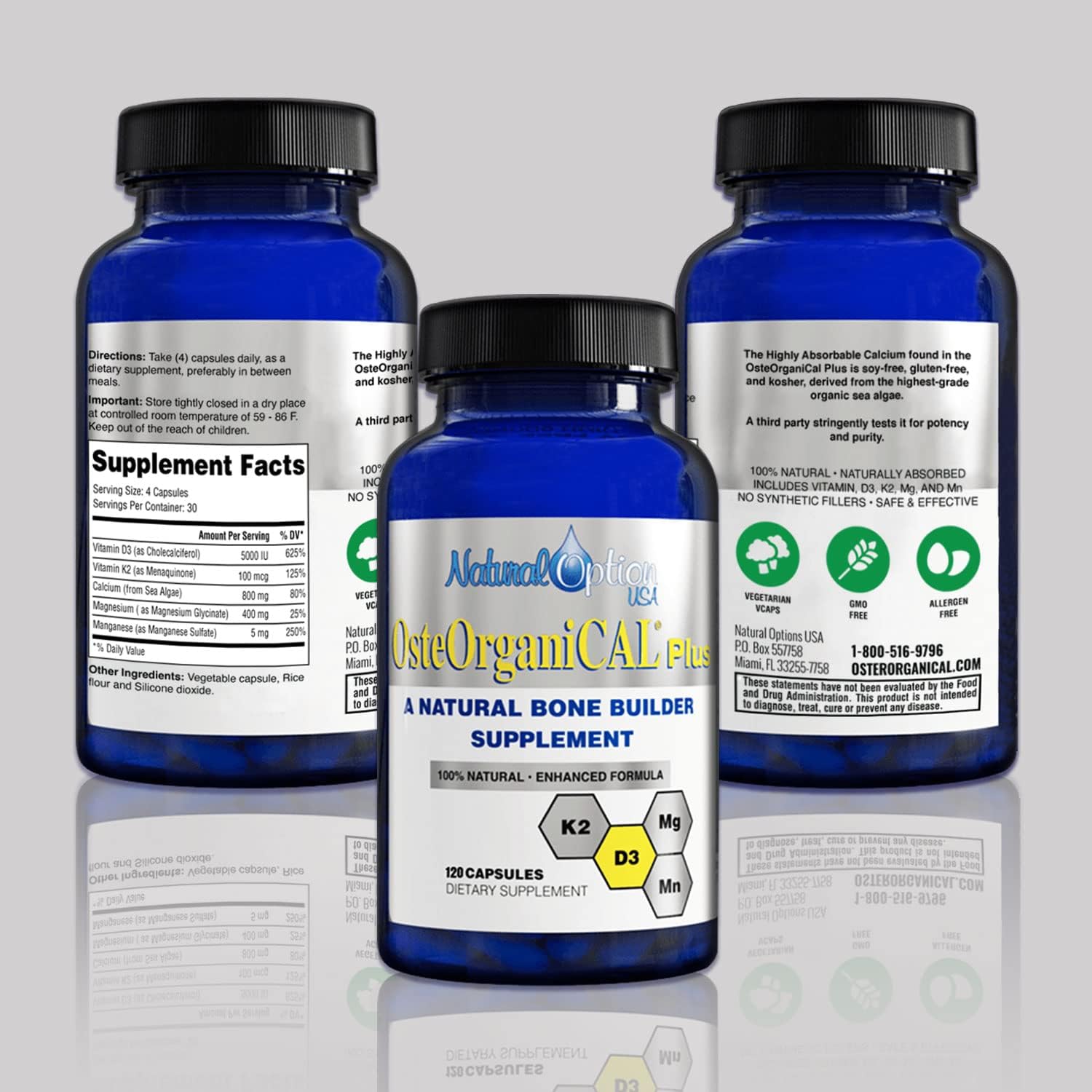 Organic Plant-Based Calcium Supplement with Vitamin D3, K2, Magnesium, and Manganese (360 Count x 3 Bottles)
