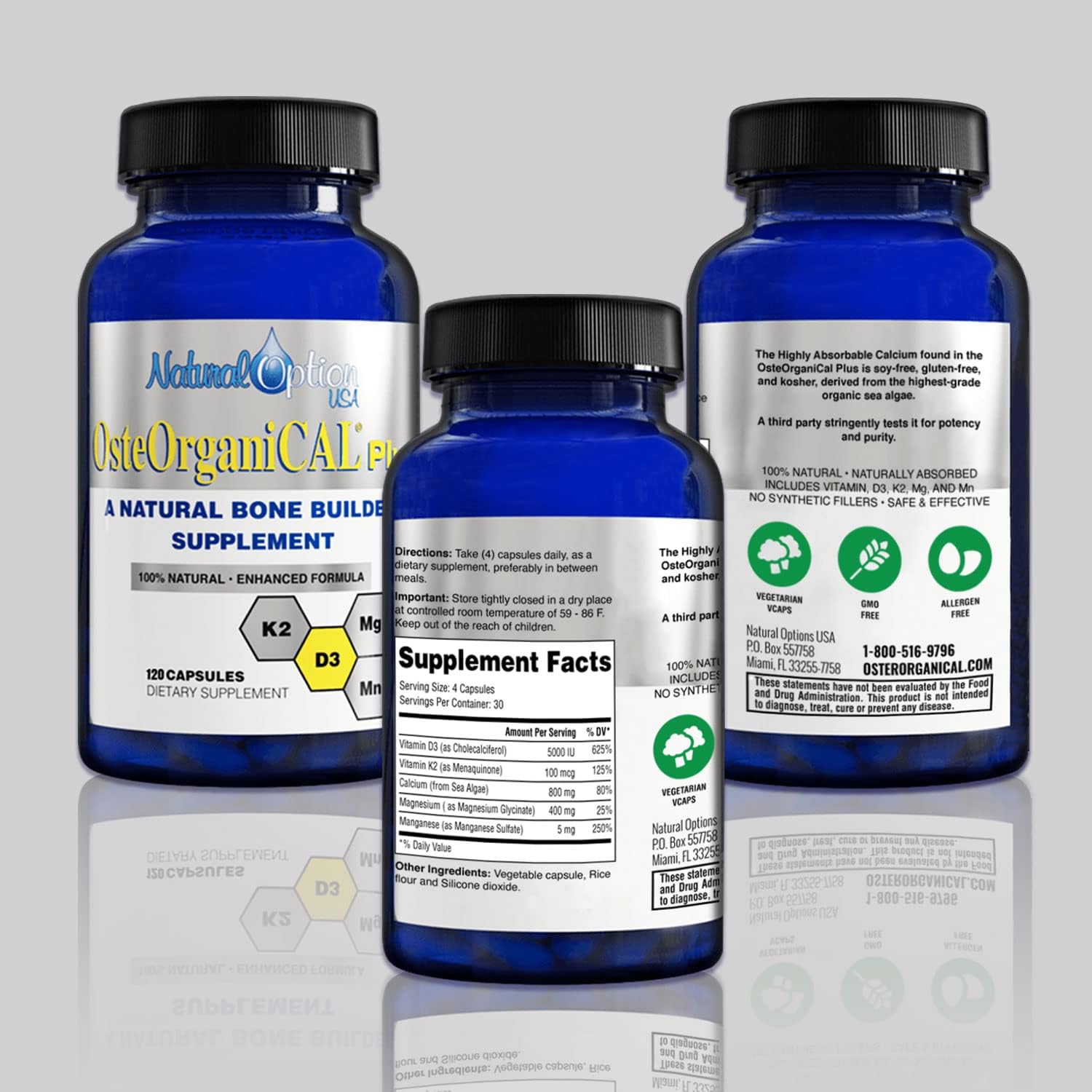 Organic Plant-Based Calcium Supplement with Vitamin D3, K2, Magnesium, and Manganese (360 Count x 3 Bottles)
