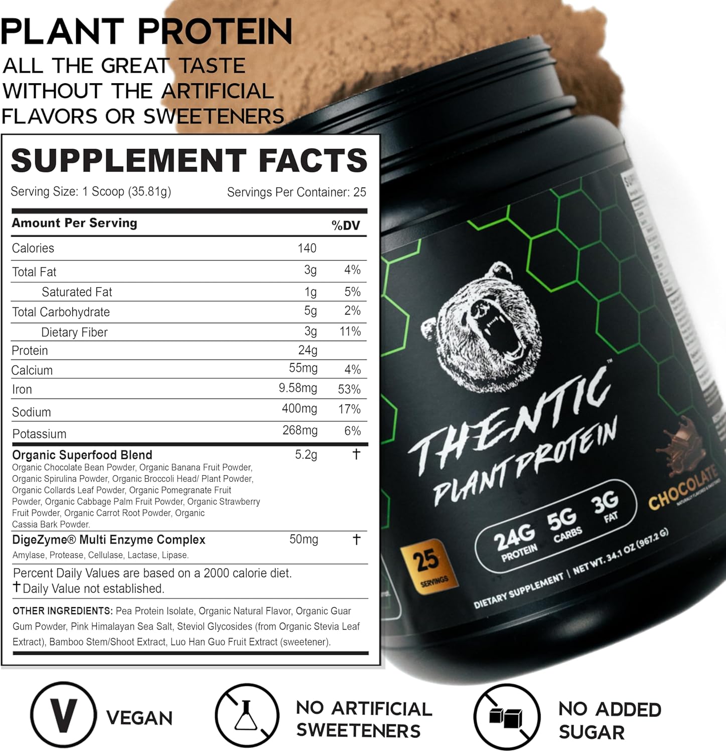 Organic Plant-Based Protein Powder - Dairy-Free Vegan Blend with BCAAs, Digestive Enzymes, and Superfoods - Chocolate Flavor, 25 Servings - 2.1lb