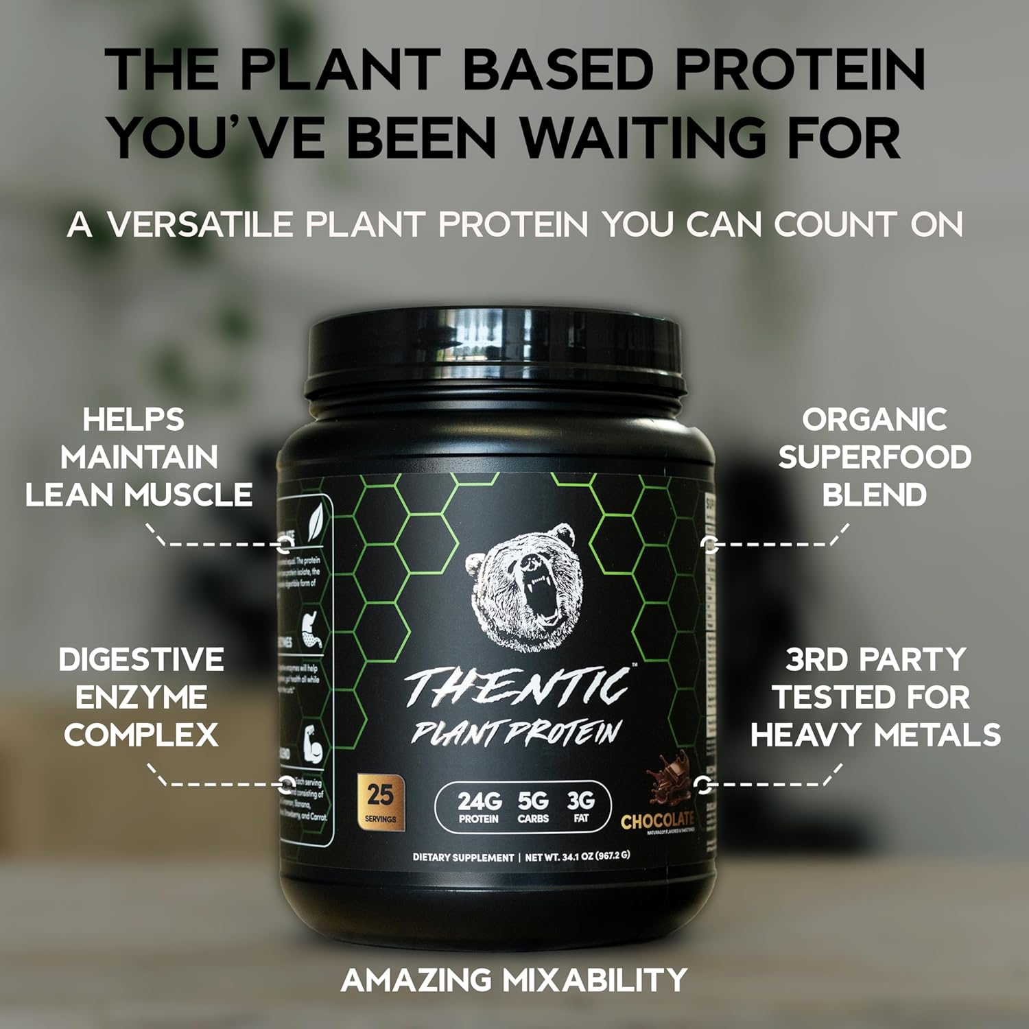 Organic Plant-Based Protein Powder - Dairy-Free Vegan Blend with BCAAs, Digestive Enzymes, and Superfoods - Chocolate Flavor, 25 Servings - 2.1lb