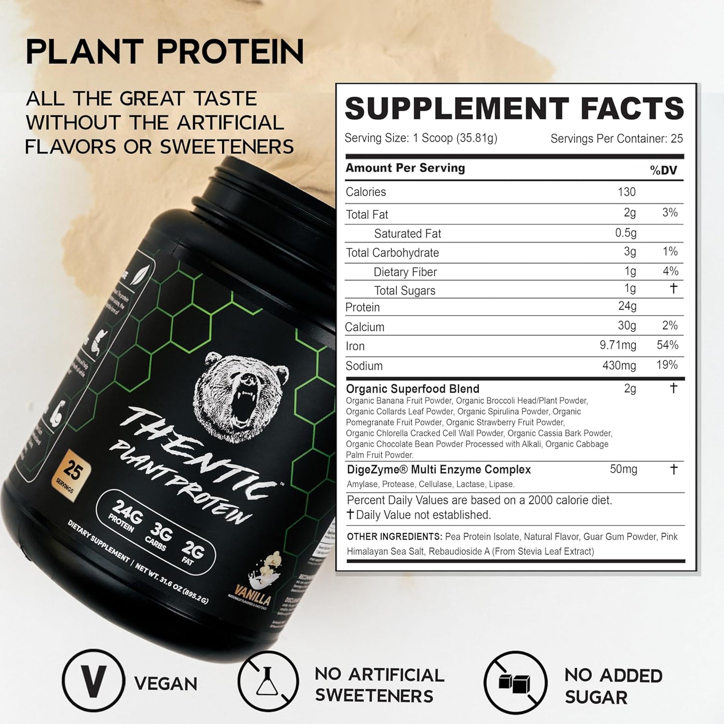 Organic Plant Based Protein Powder - Vegan, Non-Dairy, Gluten & Soy Free, No Artificial Ingredients, No Sugar Added, with BCAAs & Digestive Enzymes - Vanilla Flavor, 25 Servings - 1.9 lb