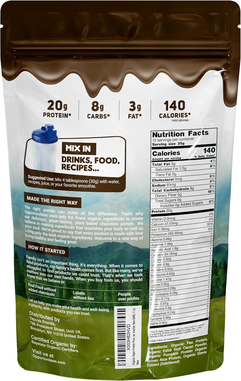 Organic Plant Based Protein Powder, 20g Vegan Protein Blend, Creamy Chocolate Flavor, No Added Sugar, 1 Lb - BoostGo Australia