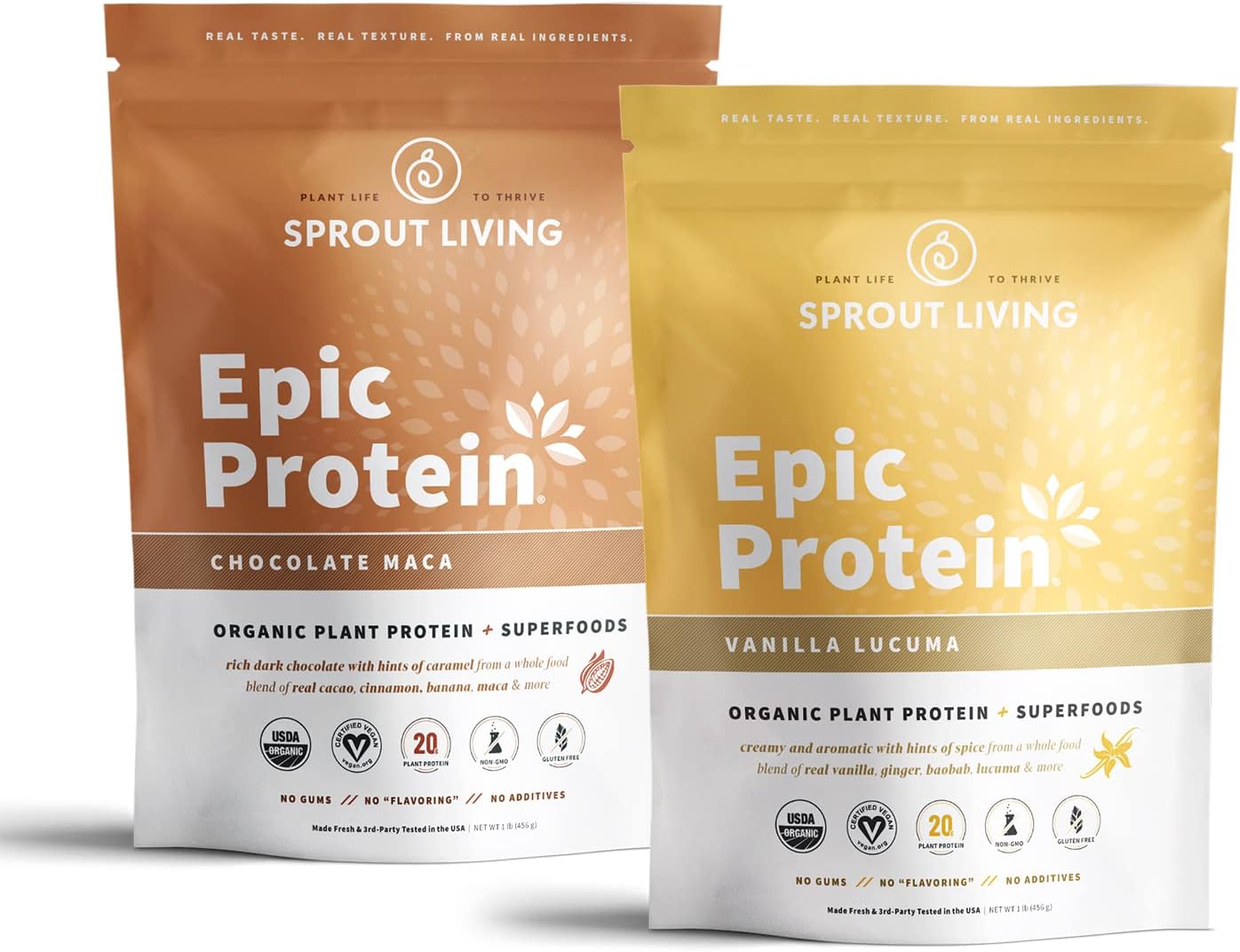 Organic Plant-Based Protein Powder Bundle - Chocolate Maca & Vanilla Lucuma (20g Protein, Vegan, Gluten-Free, Superfoods) | 1lb, 12 Servings