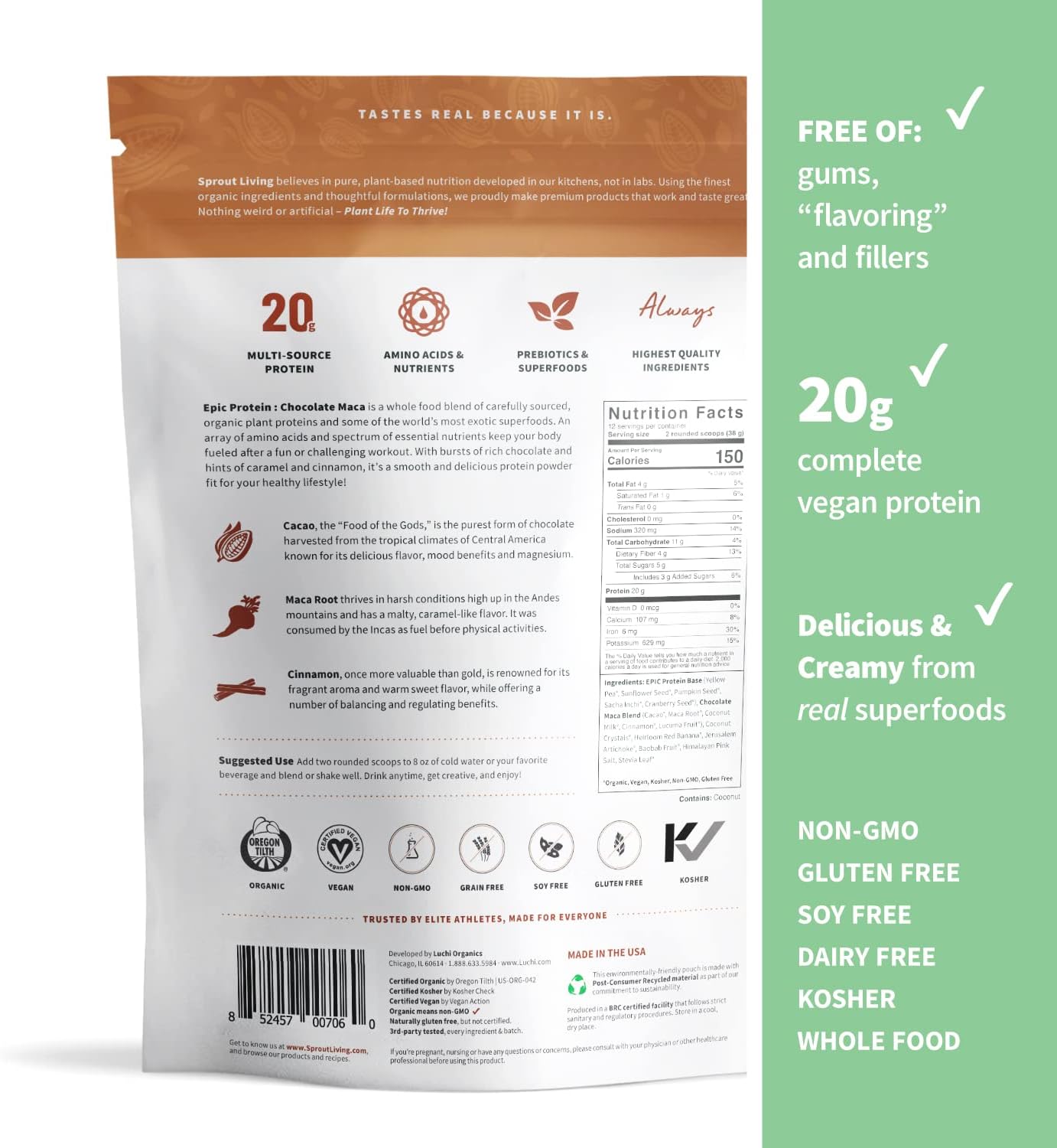 Organic Plant-Based Protein Powder Bundle - Chocolate Maca & Vanilla Lucuma (20g Protein, Vegan, Gluten-Free, Superfoods) | 1lb, 12 Servings