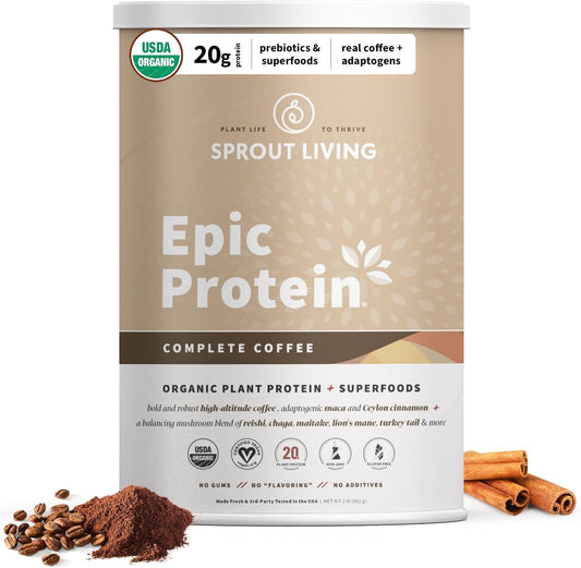 Organic Plant-Based Protein Powder with Adaptogens, Mushrooms, & Superfoods - Complete Coffee Flavor | 20g Protein, Vegan, Non-GMO, Gluten-Free - 2lb (24 Servings)