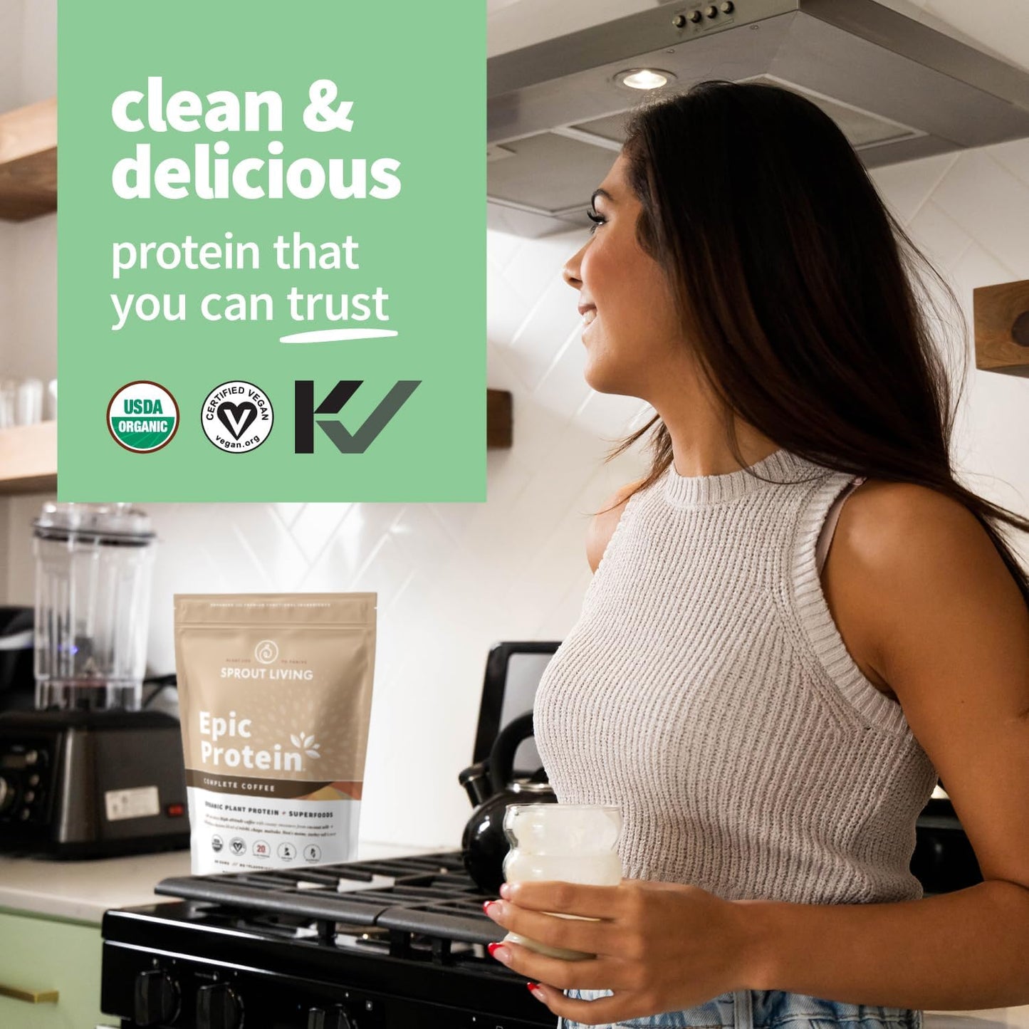 Organic Plant-Based Protein Powder with Adaptogens, Mushrooms, & Superfoods - Complete Coffee Flavor | 20g Protein, Vegan, Non-GMO, Gluten-Free - 2lb (24 Servings)