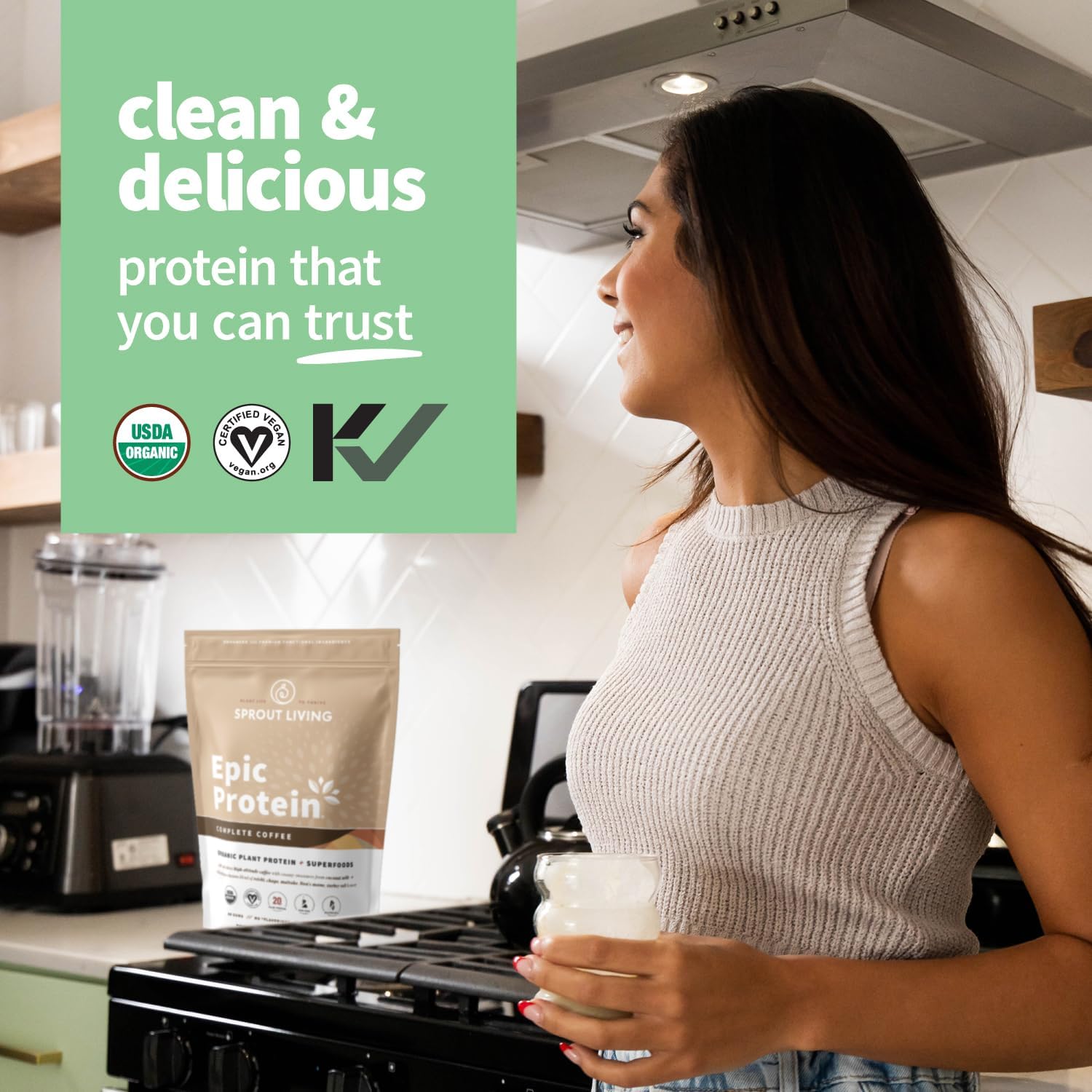 Organic Plant-Based Protein Powder with Adaptogens, Mushrooms, & Superfoods - Complete Coffee Flavor | 20g Protein, Vegan, Non-GMO, Gluten-Free - 2lb (24 Servings)